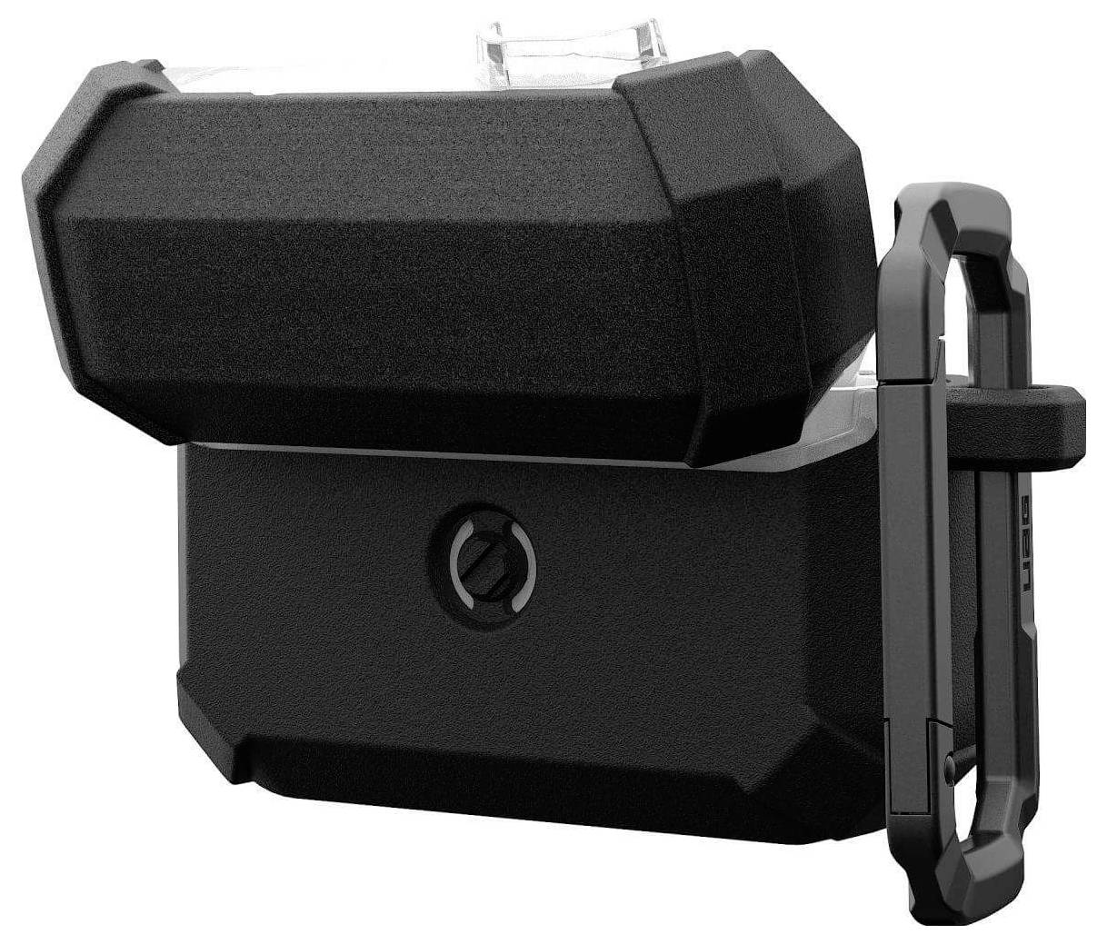 Ein schwarzes, robustes Schutzgehäuse mit Clip, speziell zum sicheren Halten einer GoPro-Kamera konzipiert, mit hexagonalem Design und stabiler Konstruktion.