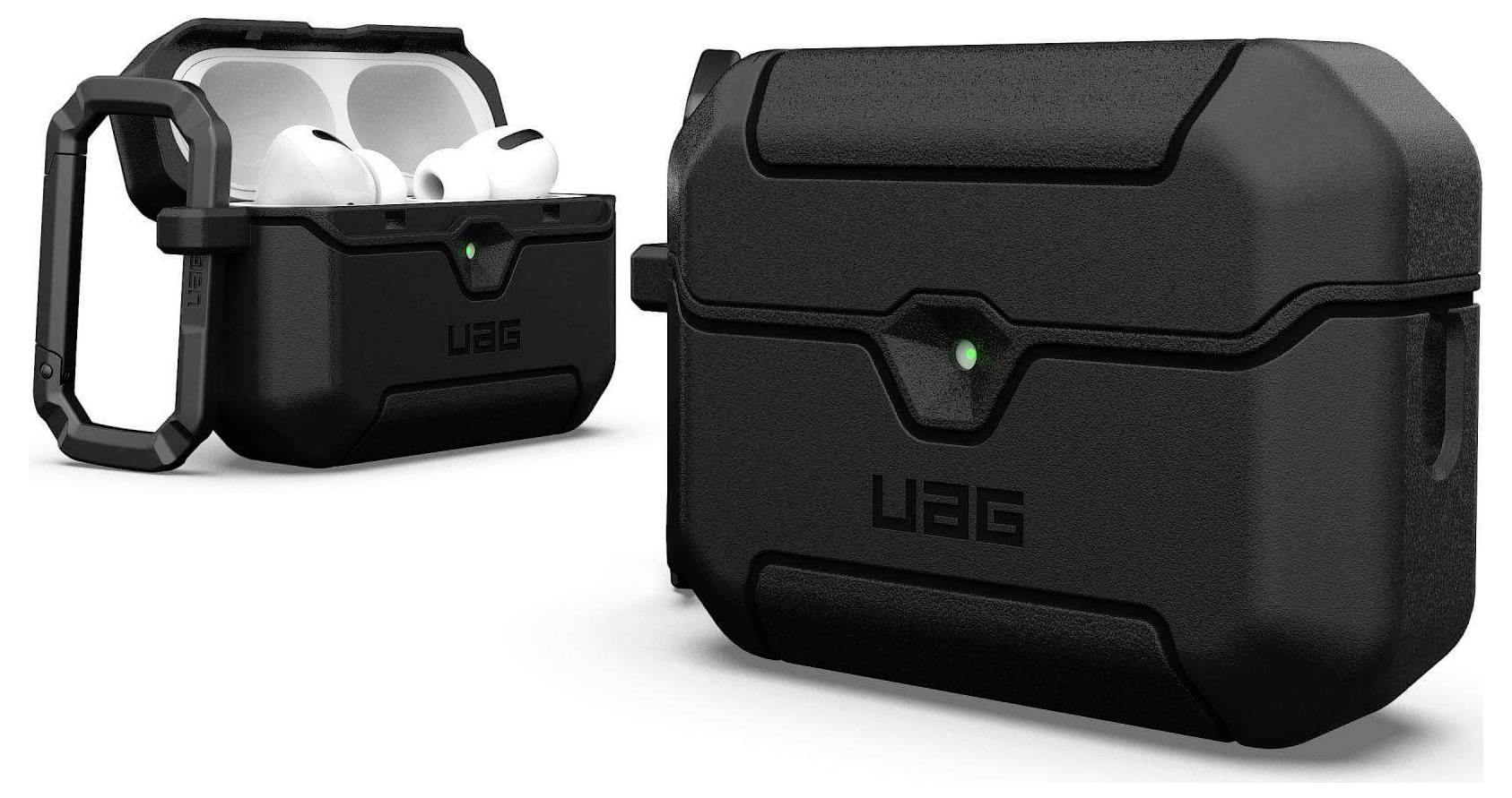 Zwei schwarze UAG-Schutzhüllen aus robustem Material für AirPods Pro, eine offen mit sichtbaren Ohrhörern und die andere geschlossen mit grünem Indikatorlicht.