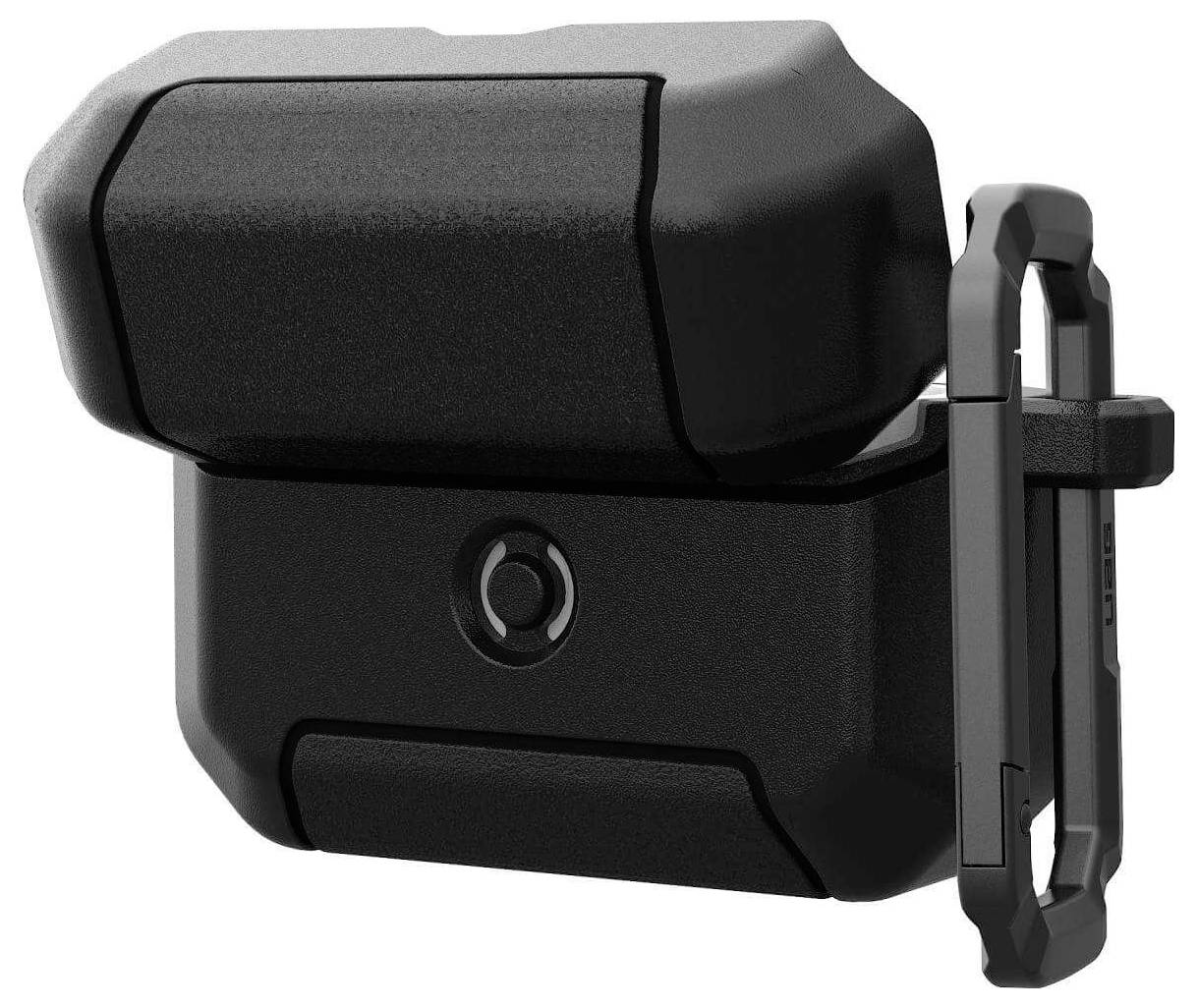 Ein schwarzes Schutzgehäuse mit Verriegelungsmechanismus, konstruiert für sichere Aufbewahrung und einfachen Zugriff.