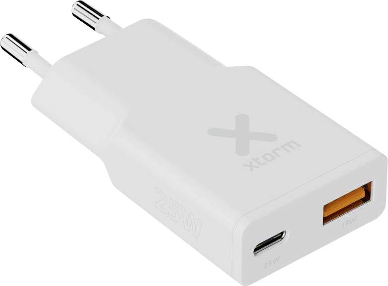 Ein weißes 25W USB-Wandladegerät mit zwei Anschlüssen: einem USB-C und einem USB-A. Das Ladegerät ist mit einem 