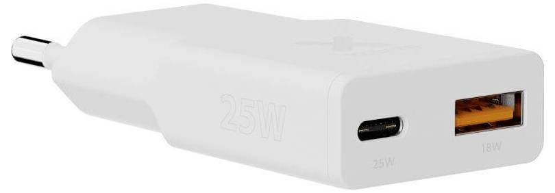 Ein weißer Stromadapter mit zwei Anschlüssen: ein USB-C-Anschluss mit der Bezeichnung „25W
