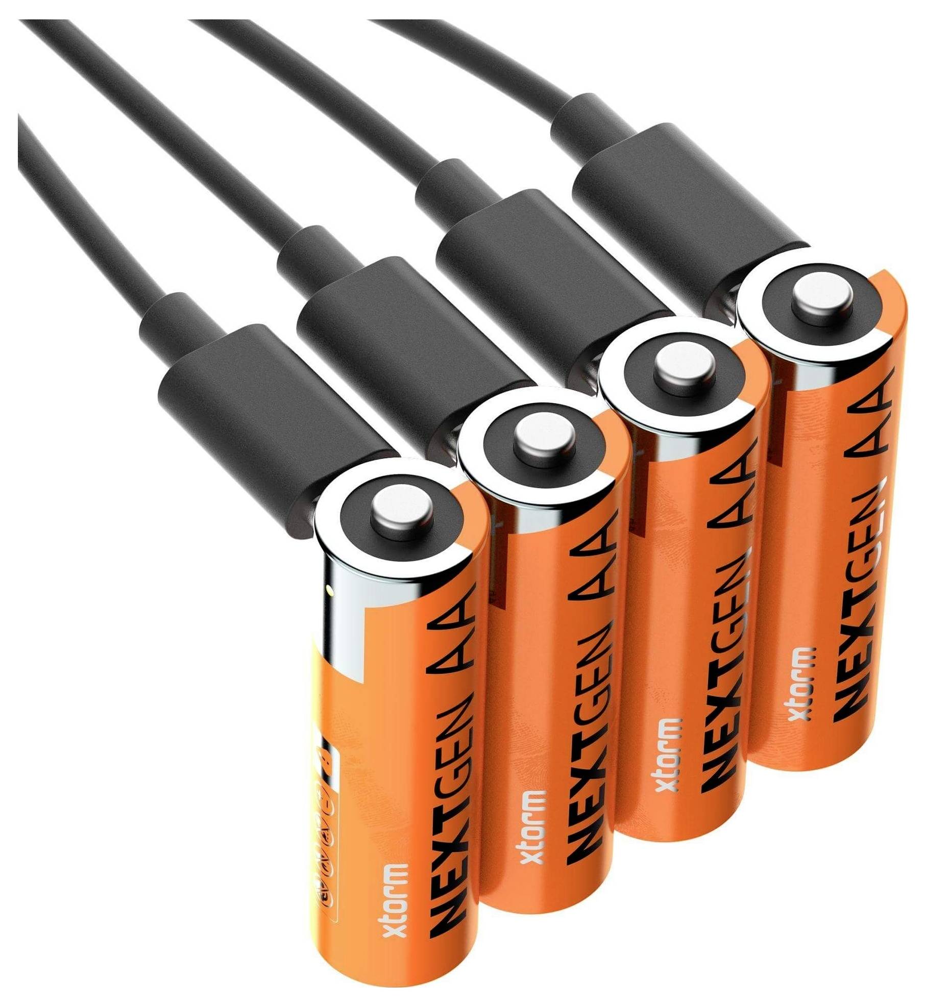 Vier wiederaufladbare AA-Batterien mit orangem Gehäuse mit der Bezeichnung 