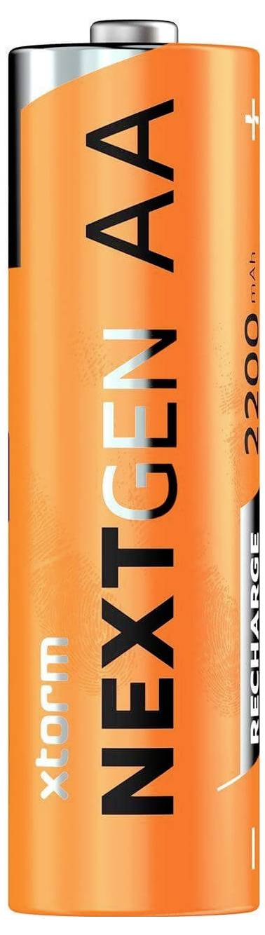 Orange wiederaufladbarer AA-Akku mit der Bezeichnung 'NEXTGEN AA' und 'x-torm'.