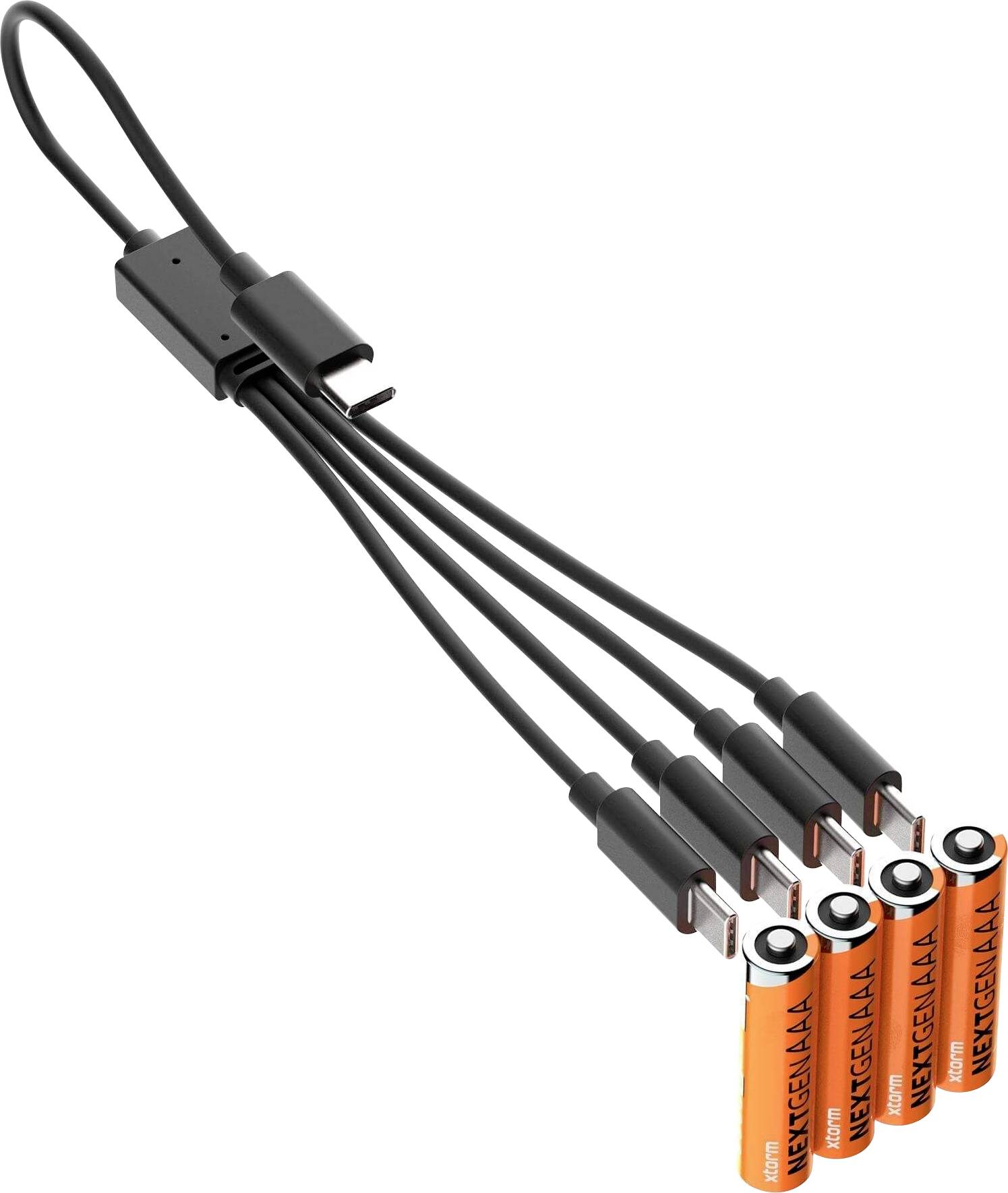 Fünf orangefarbene AA-Batterien, die durch schwarze Kabel verbunden sind und eine kompakte Ladestation bilden.