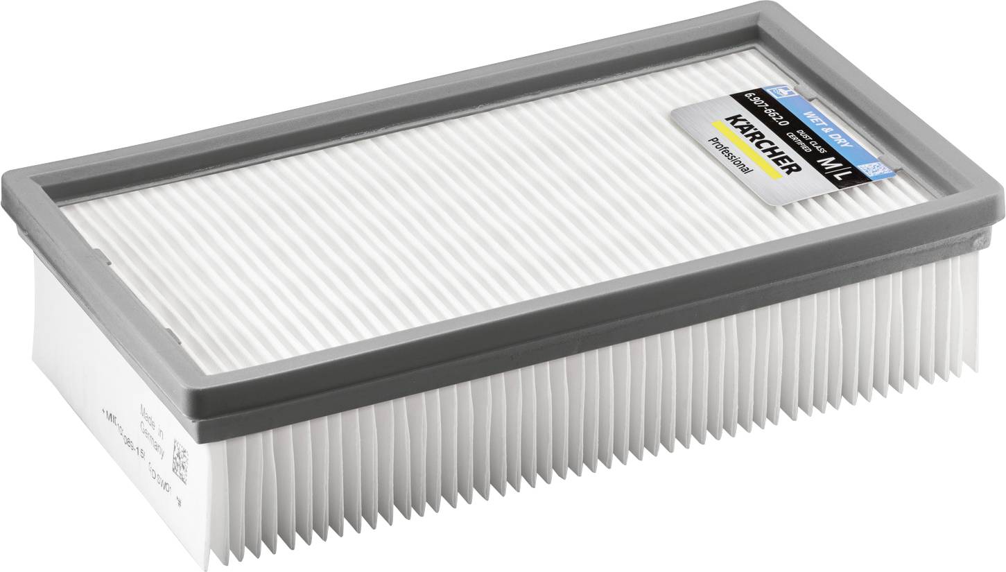 Rechteckiger Akkordeon-Staubsaugerfilter mit grauem Rand, Marke „Kärcher