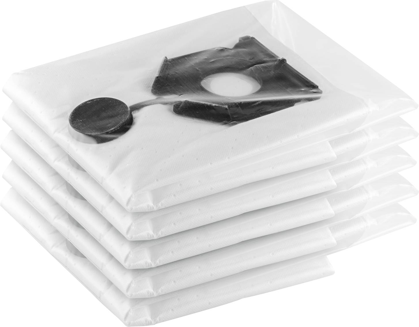 Ein Stapel versiegelter Staubsaugerbeutel aus weißem Material mit einer schwarzen kreisförmigen Anschlussfitting auf jedem Beutel.