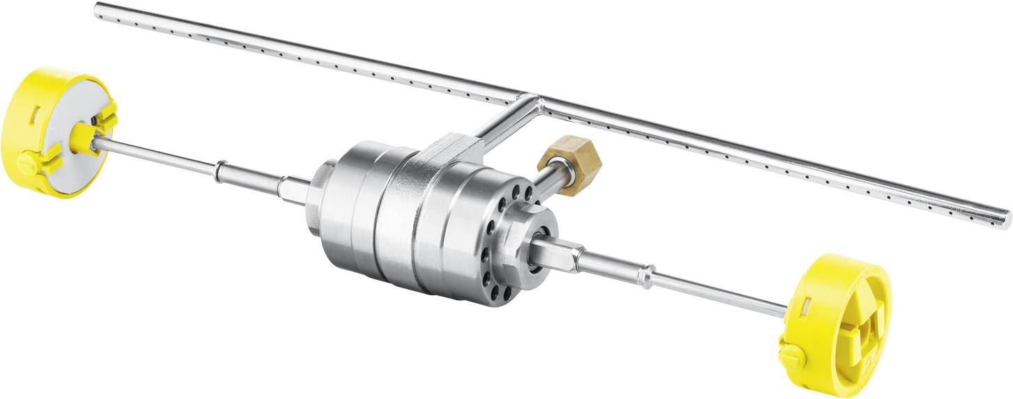 Ein Metall-Inline-Drehsteller mit zentralem zylindrischem Gehäuse und zwei gelben Endkappen, verwendet in Industrieanwendungen zur Durchflussregelung.