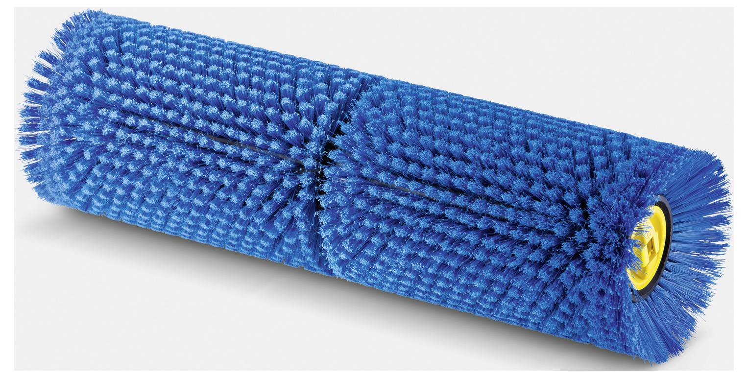 Eine blaue Bürstenwalze mit Borsten, wahrscheinlich zum Reinigen oder Schrubben von Oberflächen verwendet. Sie ist zylindrisch und hat an einem Ende einen gelben Anschluss.