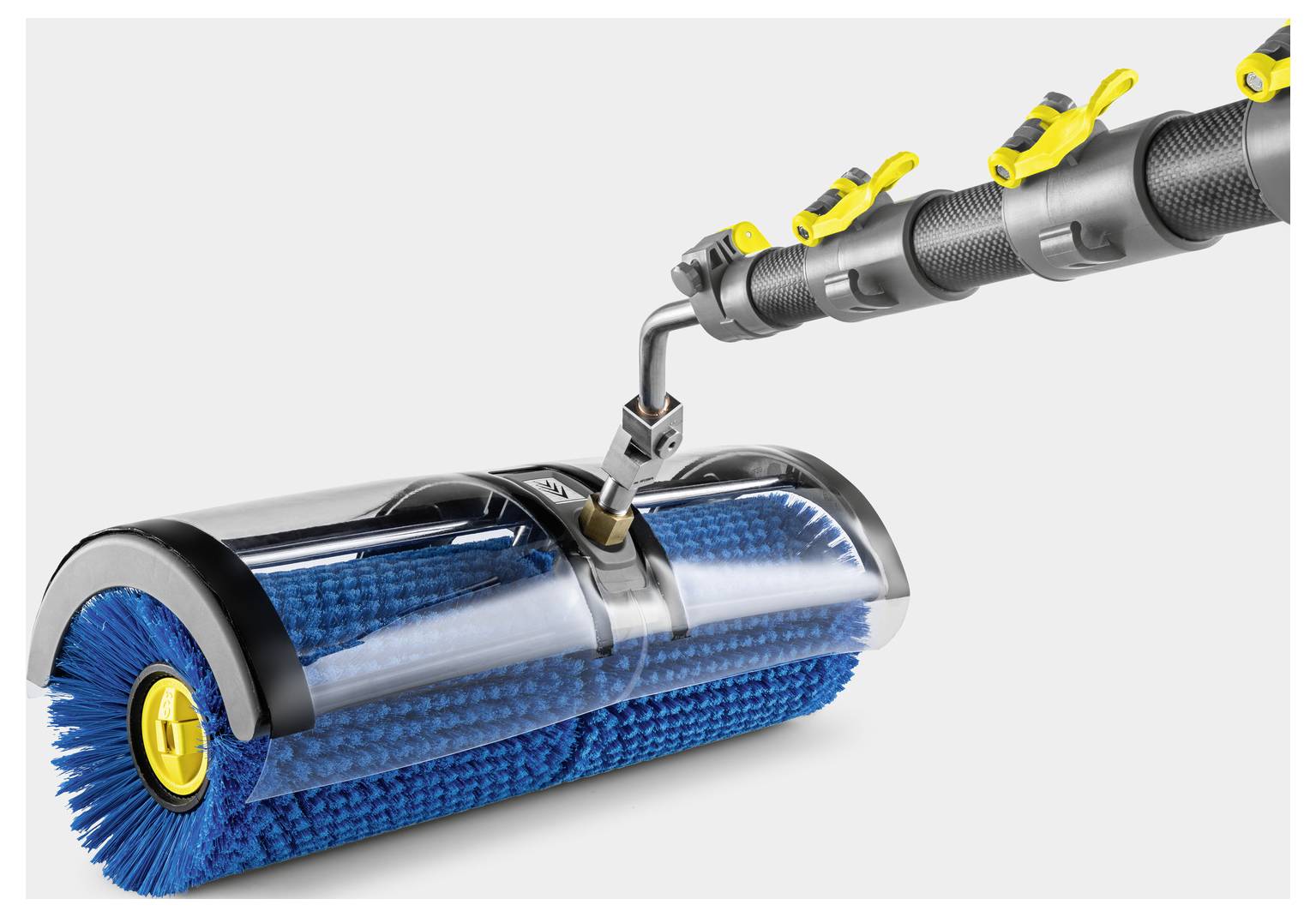 Ein Reinigungsgerät mit blauen rotierenden Bürsten und einem Metallgriff zur industriellen oder intensiven Oberflächenreinigung.