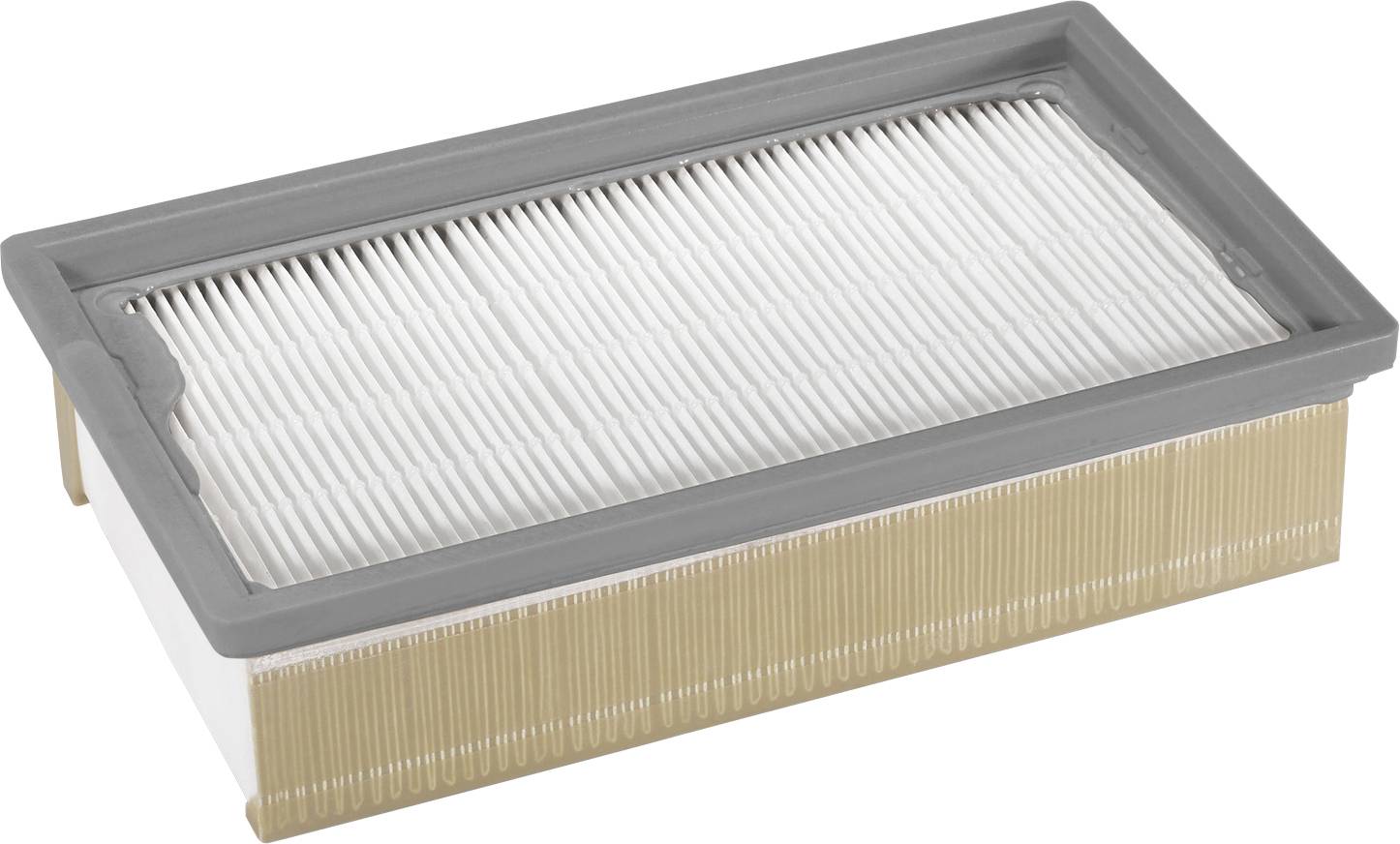 Rechteckiger Luftfilter mit weißem Faltenfalter-Material und grauem Rahmen; wird zum Einfangen von Staub und Allergenen in Luftreinigungssystemen verwendet.