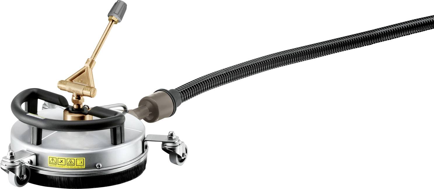 Ein rundes Oberflächenreiniger-Aufsatzstück mit einer Bürste und einem langen Schlauch, das für Hochdruckreiniger ausgelegt ist, ermöglicht effizientes Reinigen.