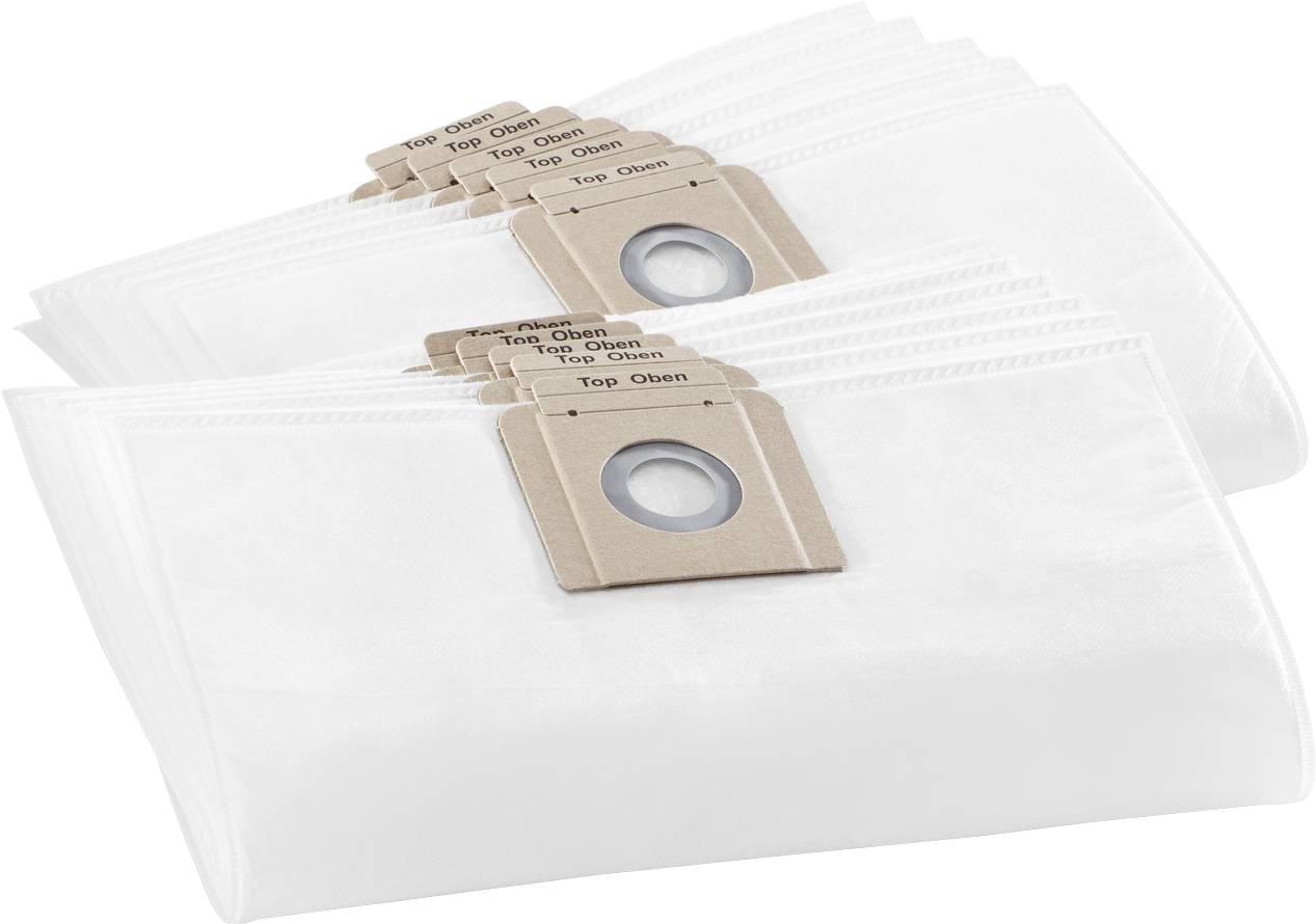 Mehrere Staubsaugerbeutel sind in zwei Reihen gestapelt. Jeder Beutel hat eine kreisförmige Öffnung auf einem Stück Pappe mit der Aufschrift 