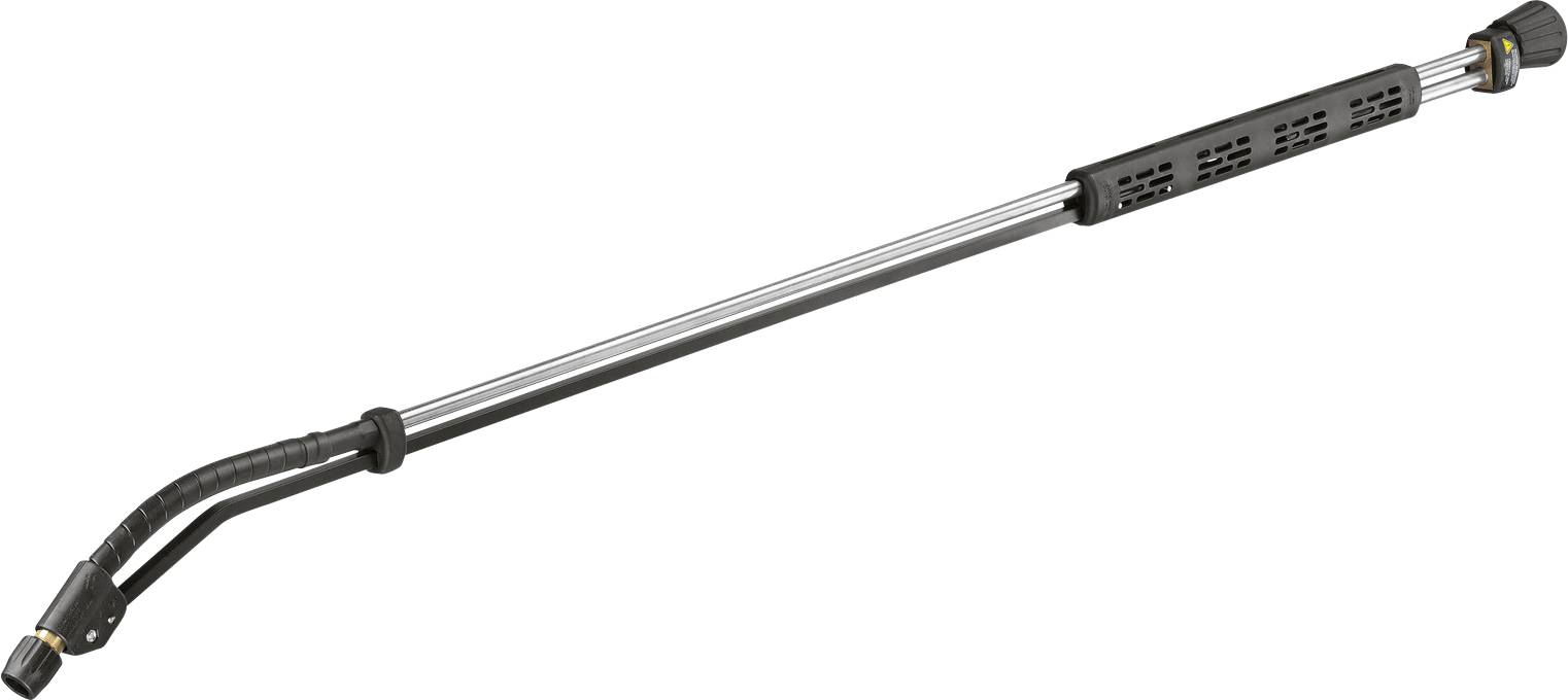 Ein langer Metallverlängerungsstab für einen Hochdruckreiniger mit gekrümmter Düse und schwarzem Griffgriff, verwendet für Reinigungen mit erweiterter Reichweite.