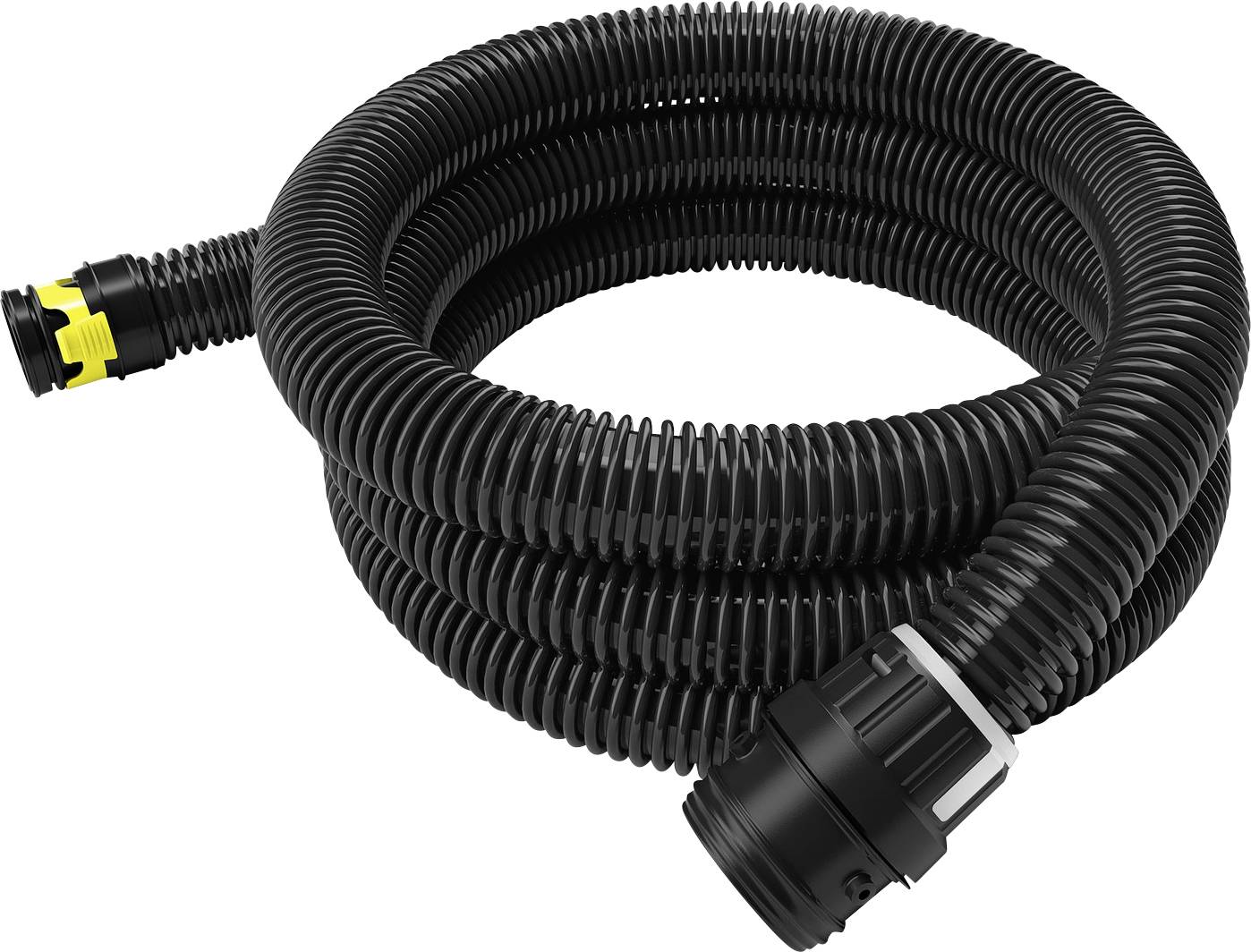 Ein schwarzer gewellter Vakuumschlauch mit Anschlüssen an beiden Enden, in einem Kreismuster aufgewickelt, verwendet für Industriereinigungsgeräte.