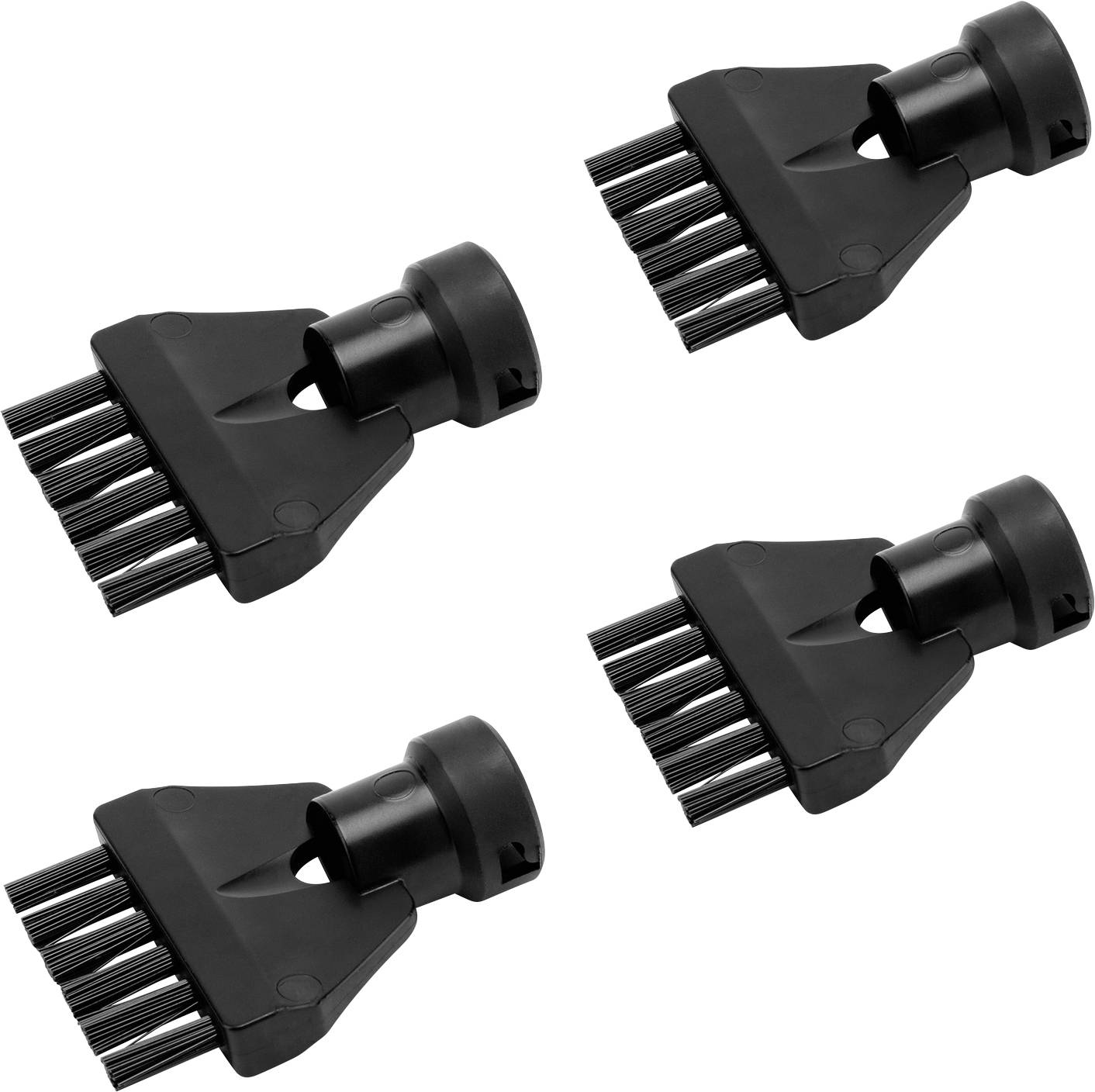 Vier identische schwarze Staubsauger-Bürstenaufsätze, parallel angeordnet. Jeder hat mehrere Borsten und ist für gezieltes Reinigen ausgelegt.