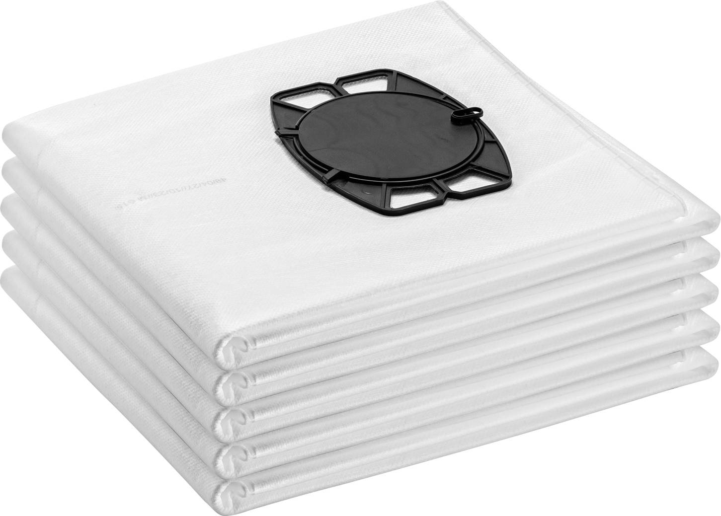 Ein Stapel von fünf gefalteten weißen Staubsaugerbeuteln mit einer schwarzen Kunststoffvorrichtung oben.