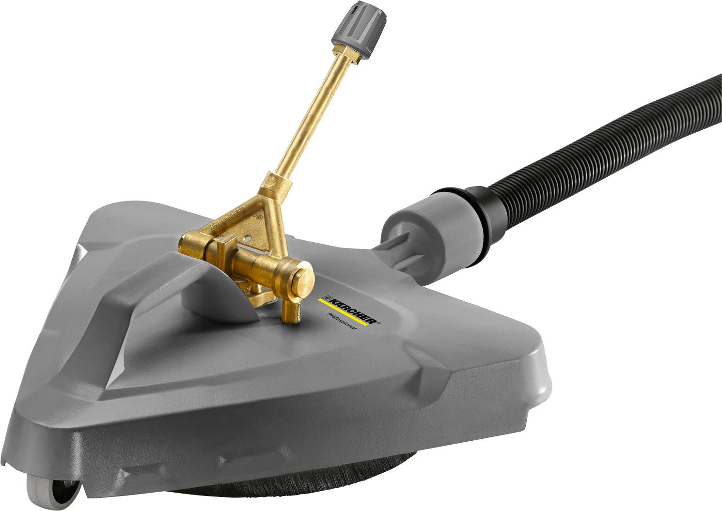 Ein dreieckiger Oberflächenreiniger mit Griff und Schlauch, der zum Hochdruckreinigen von Außenflächen verwendet wird.