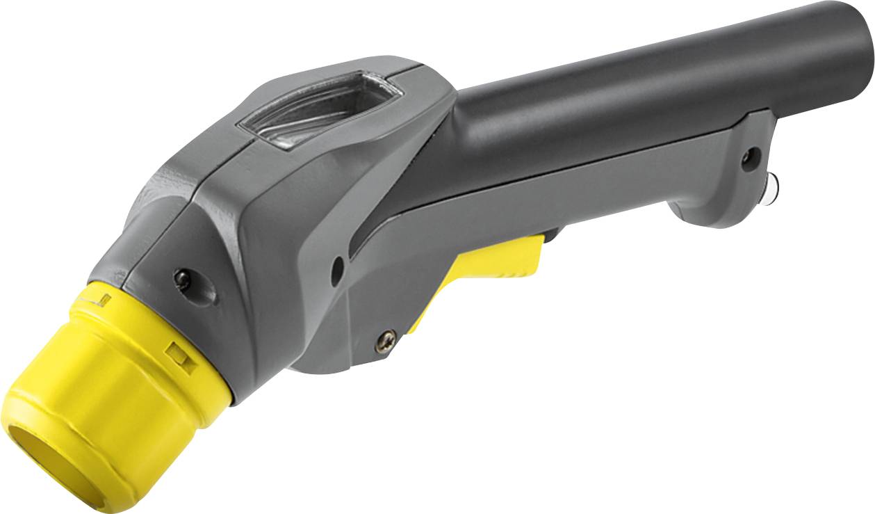 Ein schwarzer und gelber Werkzeuggriff mit einer Düse, möglicherweise Teil einer Vakuum- oder Reinigungsausrüstung, entworfen für ergonomischen Griff.