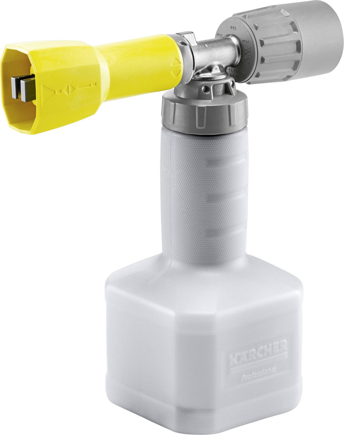Ein Reinigungsschaum-Aufsatz mit gelbem Aufsatz, entworfen für Hochdruckreiniger, wird gezeigt. Der Aufsatz ist an einer mit „Karcher