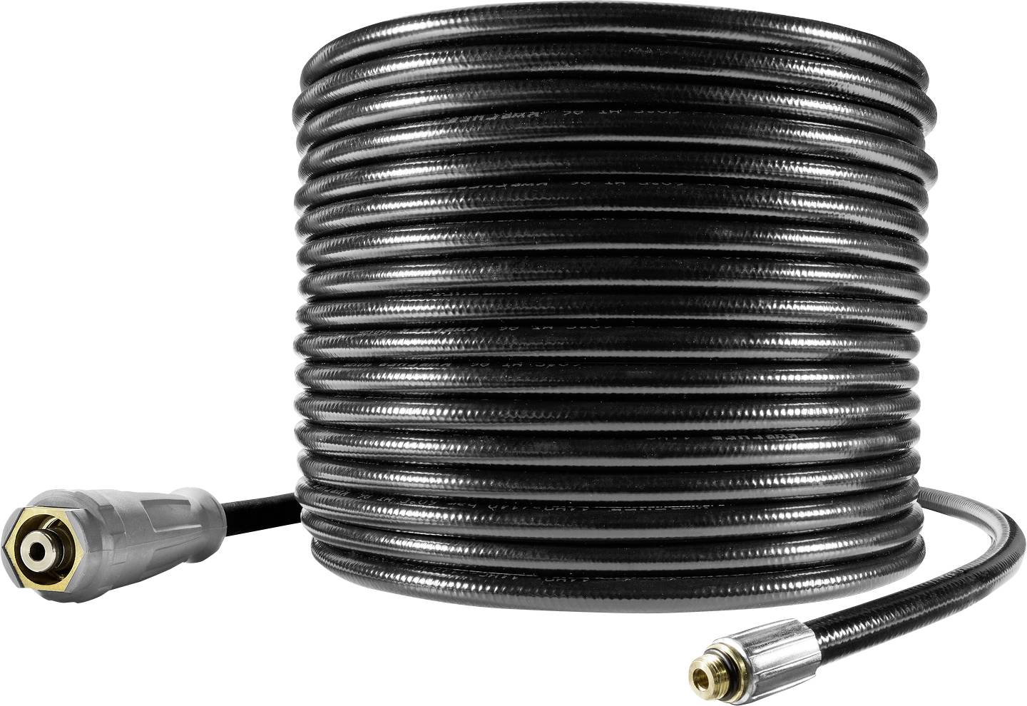 Ein aufgerollter schwarzer Gummischlauch mit metallischen Verbindungsstücken an beiden Enden, geeignet für Hochdruck-Wasserreinigungsaufgaben.