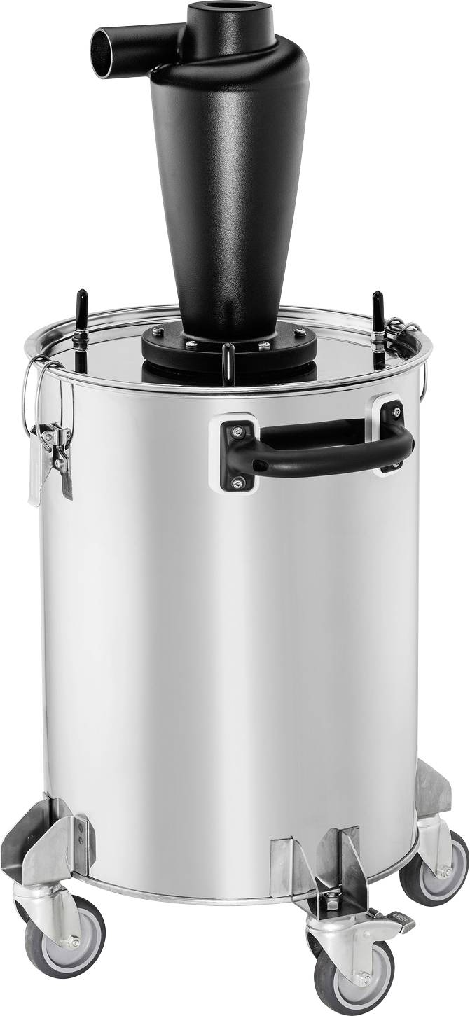 Ein glänzender Metallbehälter mit einem schwarzen Zyklonabscheider oben drauf, montiert auf vier Rädern für Mobilität.