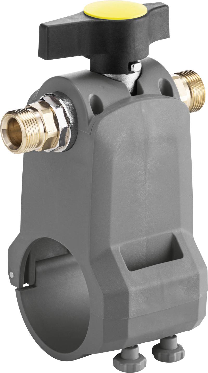 Eine große dunkelgraue Rohrschelle mit einem schwarzgelben Ventil oben, mit Messingverbindungsstücken auf beiden Seiten.