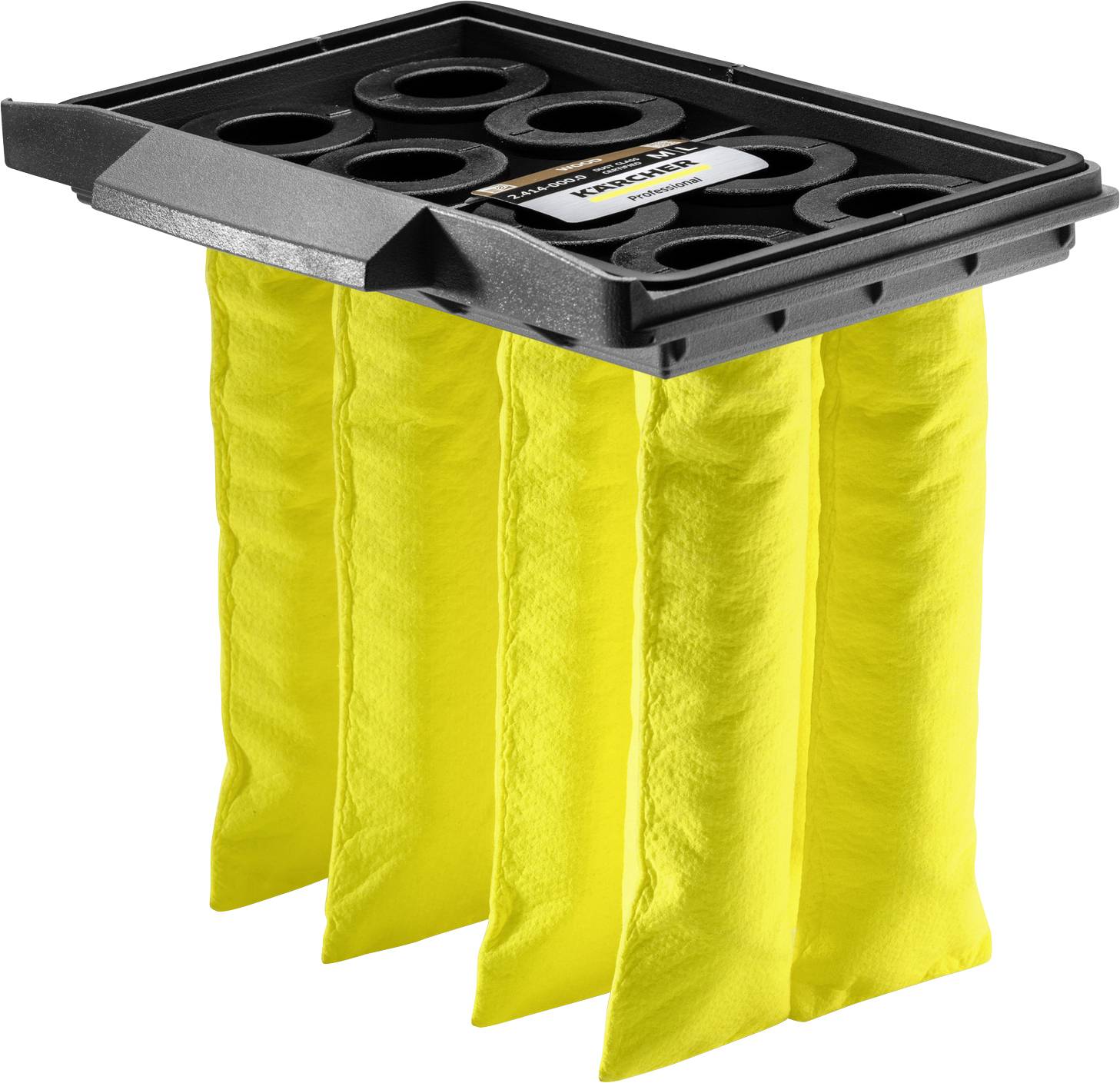 Ein gelb-schwarzer Industriefilter mit mehreren gelben Falten und einem schwarzen Gehäuse, entwickelt für Luftfiltrationssysteme.