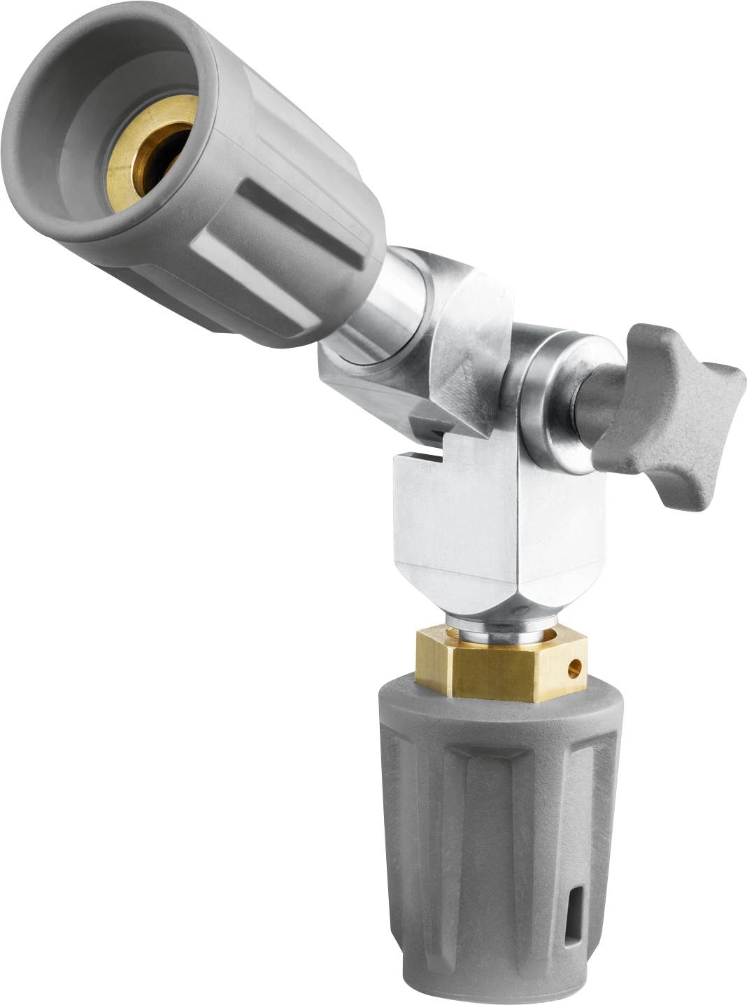 Eine graue, verstellbare Hochdruckschlauch-Düse mit einem sternförmigen Griff, die zur Steuerung des Wasserflusses in industriellen Reinigungsanwendungen verwendet wird.