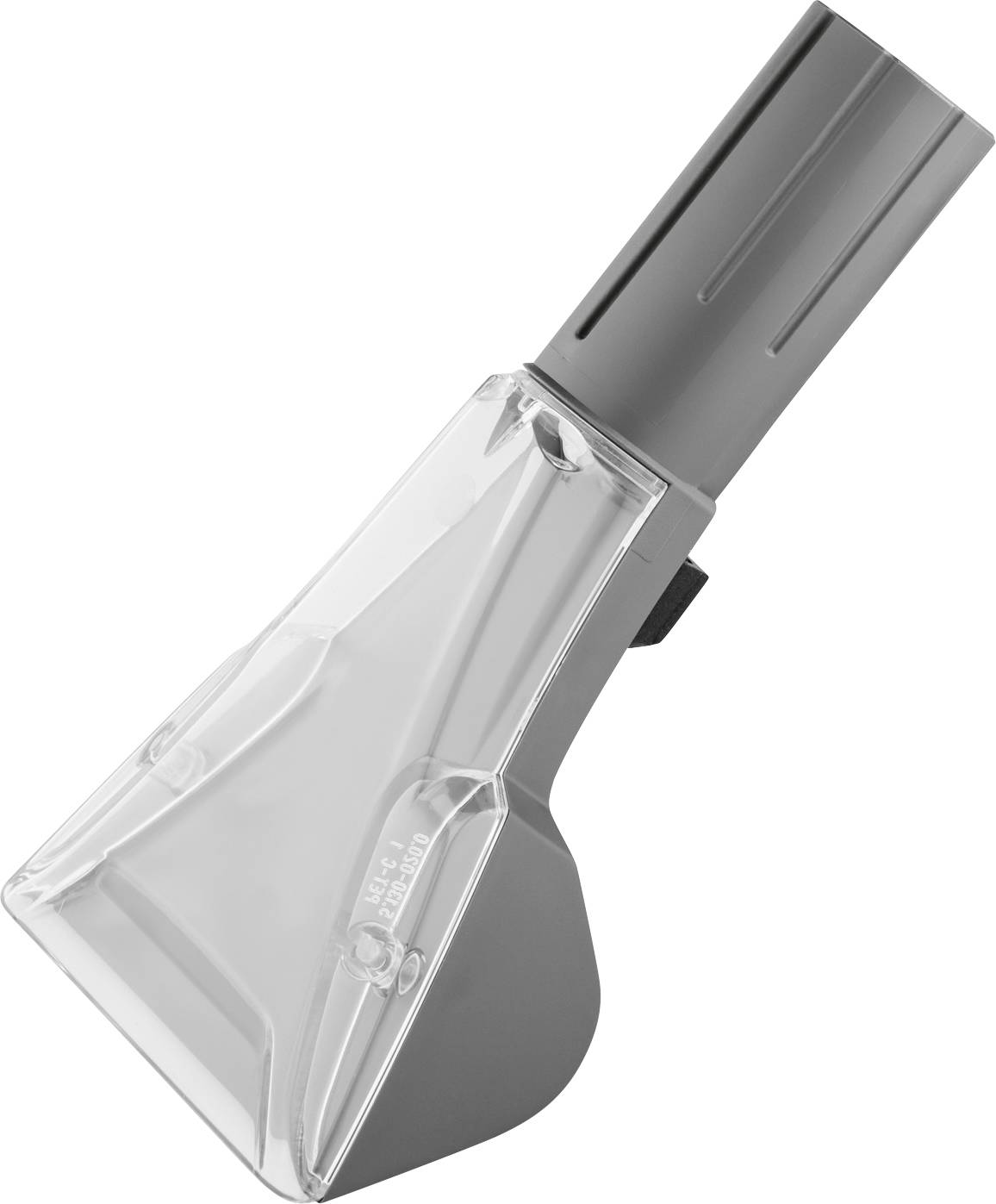 Staubsauger-Aufsatz mit durchsichtigem Kunststoffaufsatz und grauem Griff, entworfen für Polstermöbel und kleine Bereiche, freistehend auf weißem Hintergrund.