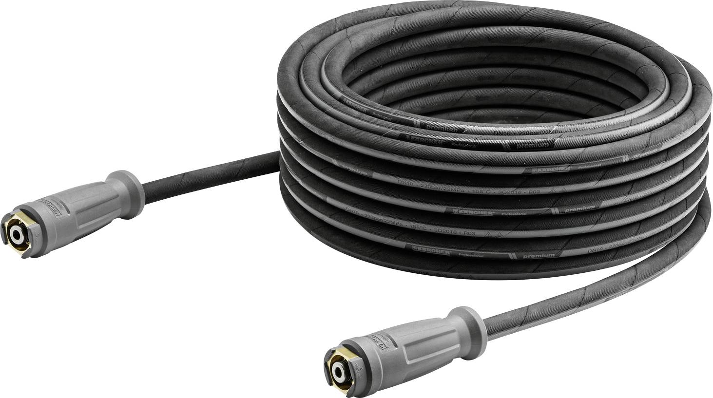 Ein aufgerollter schwarzer Hochdruckreinigerschlauch mit Schraubanschlüssen an beiden Enden, konzipiert für schwere Reinigungsgeräte.