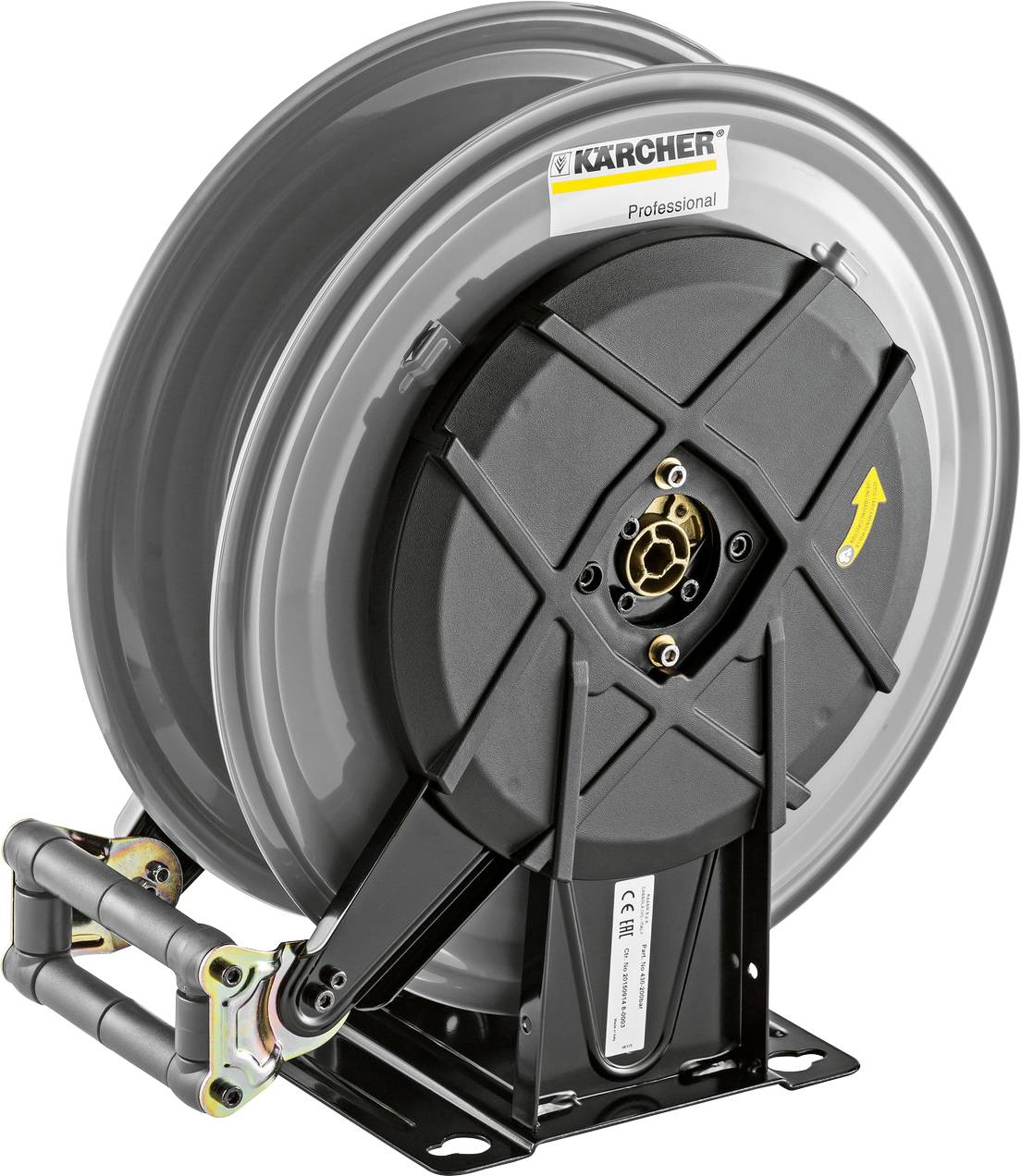 Eine große, montierte Schlauchtrommel mit der Aufschrift „Karcher Professional