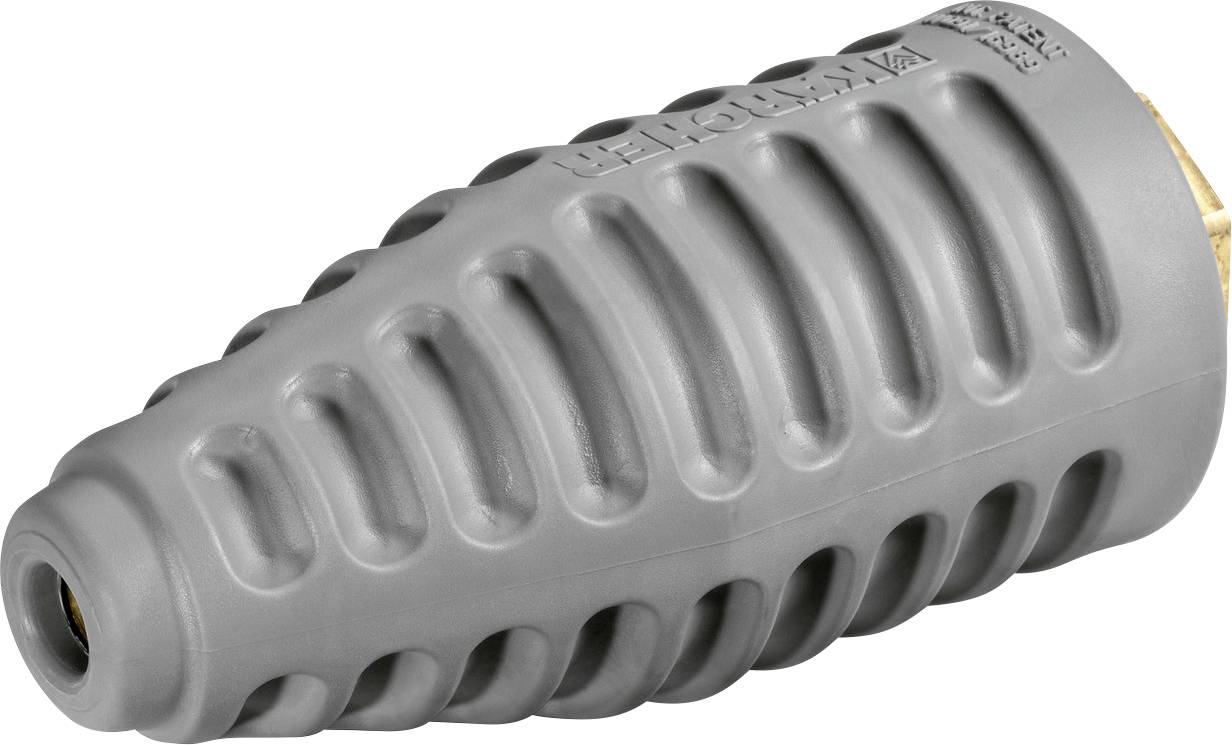 Eine graue Hochdruckreinigerdüse mit geripptem Design für besseren Griff, die zum Verstärken des Wasserdrucks zum Reinigen von Oberflächen verwendet wird.