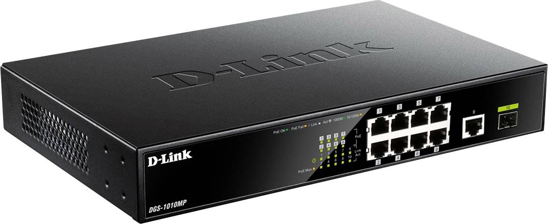 D-Link DSS-1016MP Ethernet-Switch mit 16 Anschlüssen, vier aktive Status-LEDs und Lüftung an der Seite für Netzwerkkonnektivität.