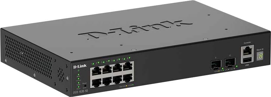 Schwarzer D-Link Netzwerk-Switch mit 10 Ethernet-Anschlüssen, einem Konsolenport und zwei SFP-Anschlüssen auf der Frontplatte, mit LED-Anzeigen.