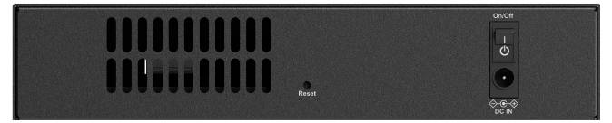 „Rückansicht eines schwarzen elektronischen Geräts mit einem belüfteten Gitter, einer Reset-Taste und einer Stromeingang beschriftet mit „DC IN