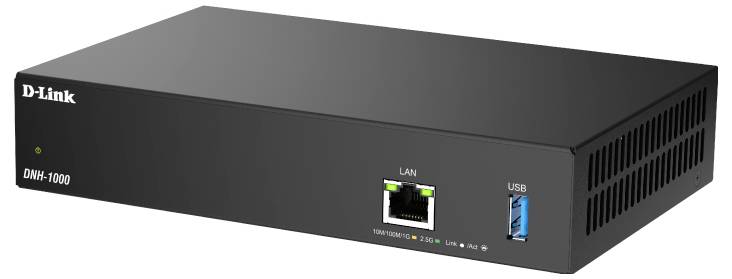 Schwarzes D-Link DNH-1000 Netzwerkgerät mit LAN- und USB-Anschlüssen auf der Frontplatte.