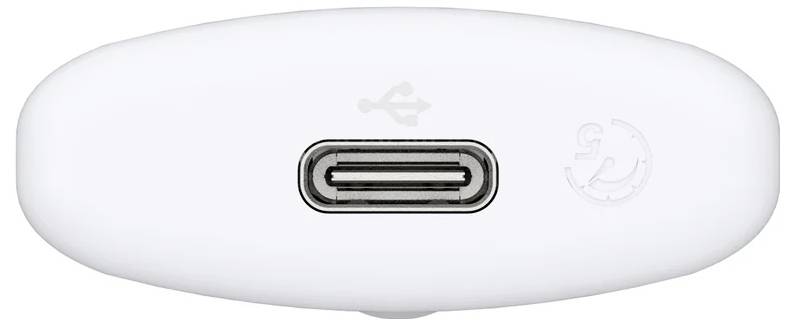 Close-up of a USB-C charging port on a white device.