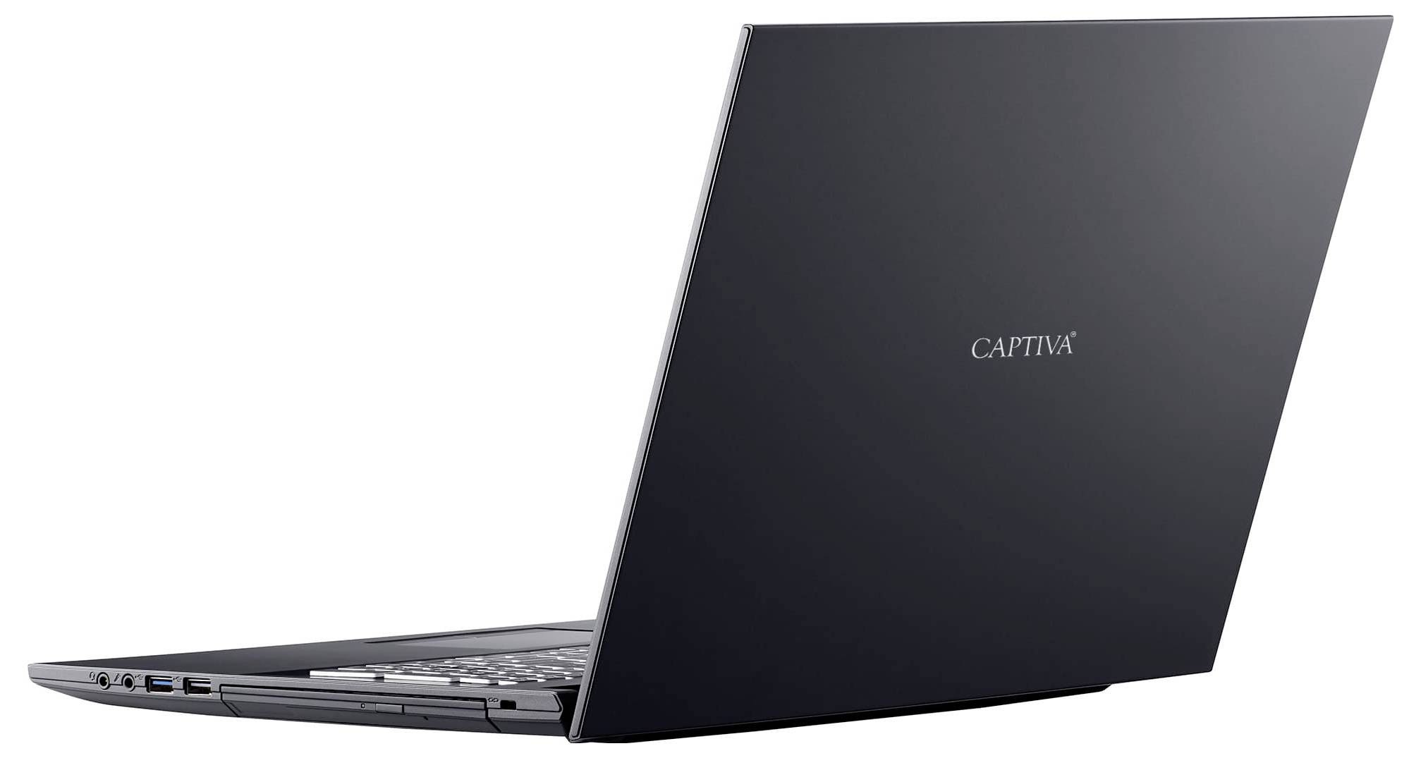 Ein schlanker schwarzer Laptop mit silberner Tastatur im angewinkelten offenen Zustand, auf der Rückseite des Bildschirms ist der Markenname „CAPTIVA