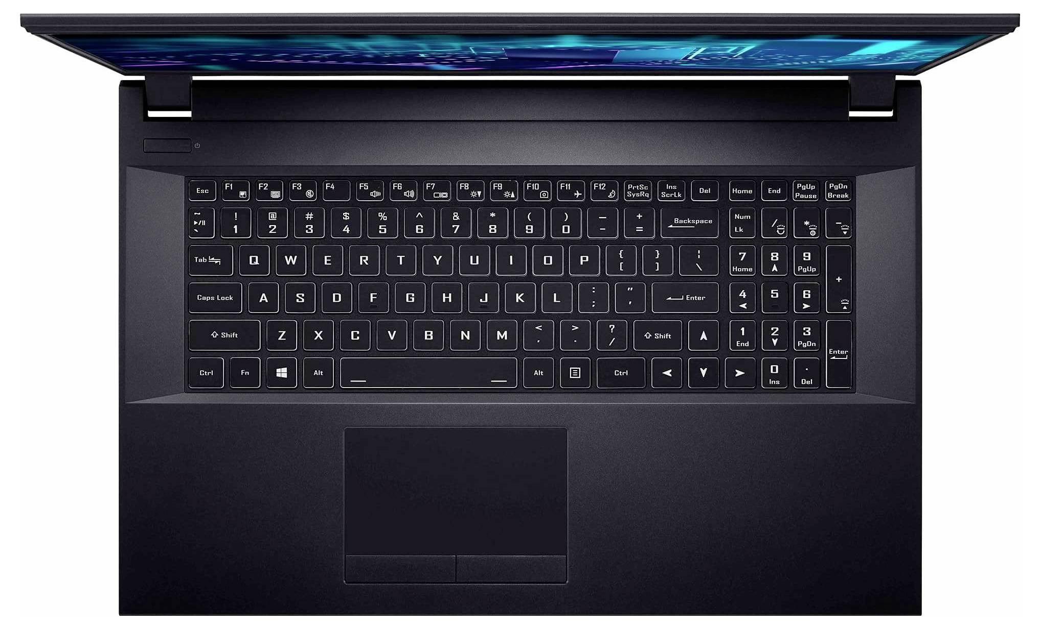 Ein schwarzer Laptop von oben gesehen, zeigt die Tastatur mit einem Ziffernblock, ein Trackpad und einen Teil des Bildschirms mit Blautönen.