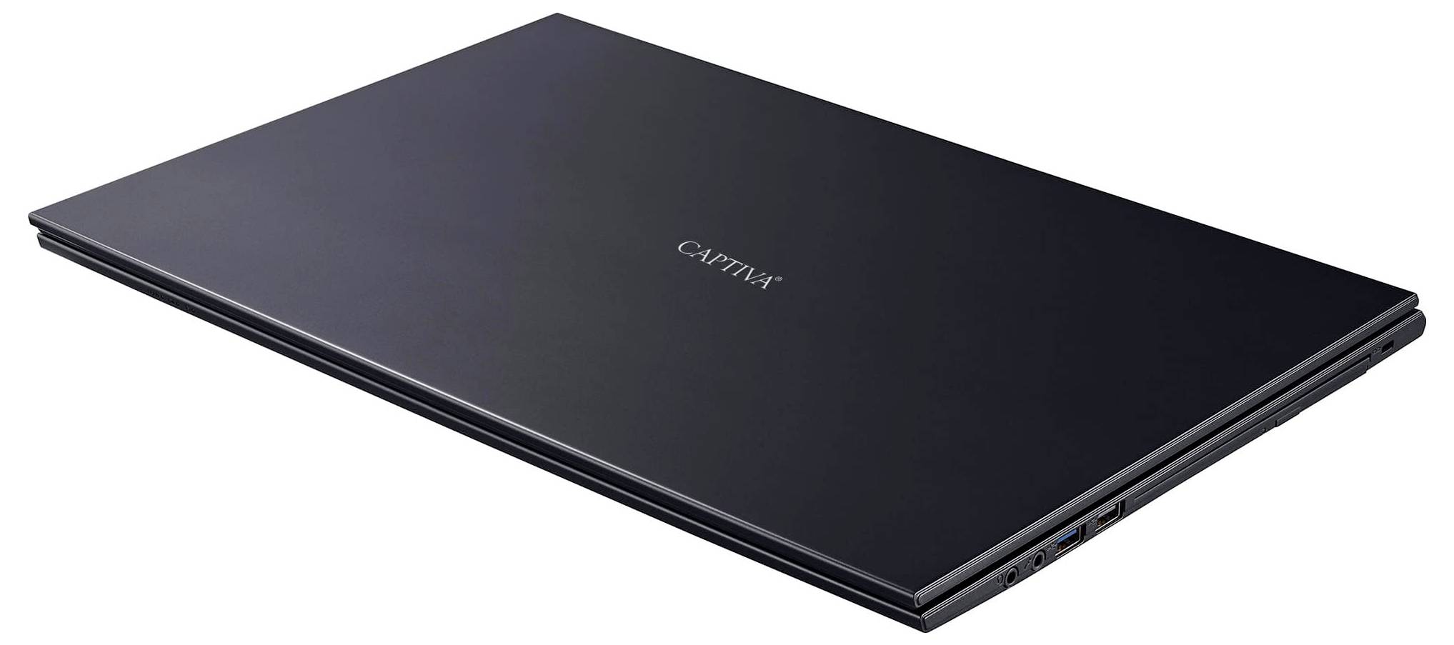 Ein schlanker, geschlossener schwarzer Laptop aus niedriger Perspektive, wobei der Markenname oben sichtbar ist. Die Kanten zeigen USB-Anschlüsse und betonen sein schlankes, funktionales Design.