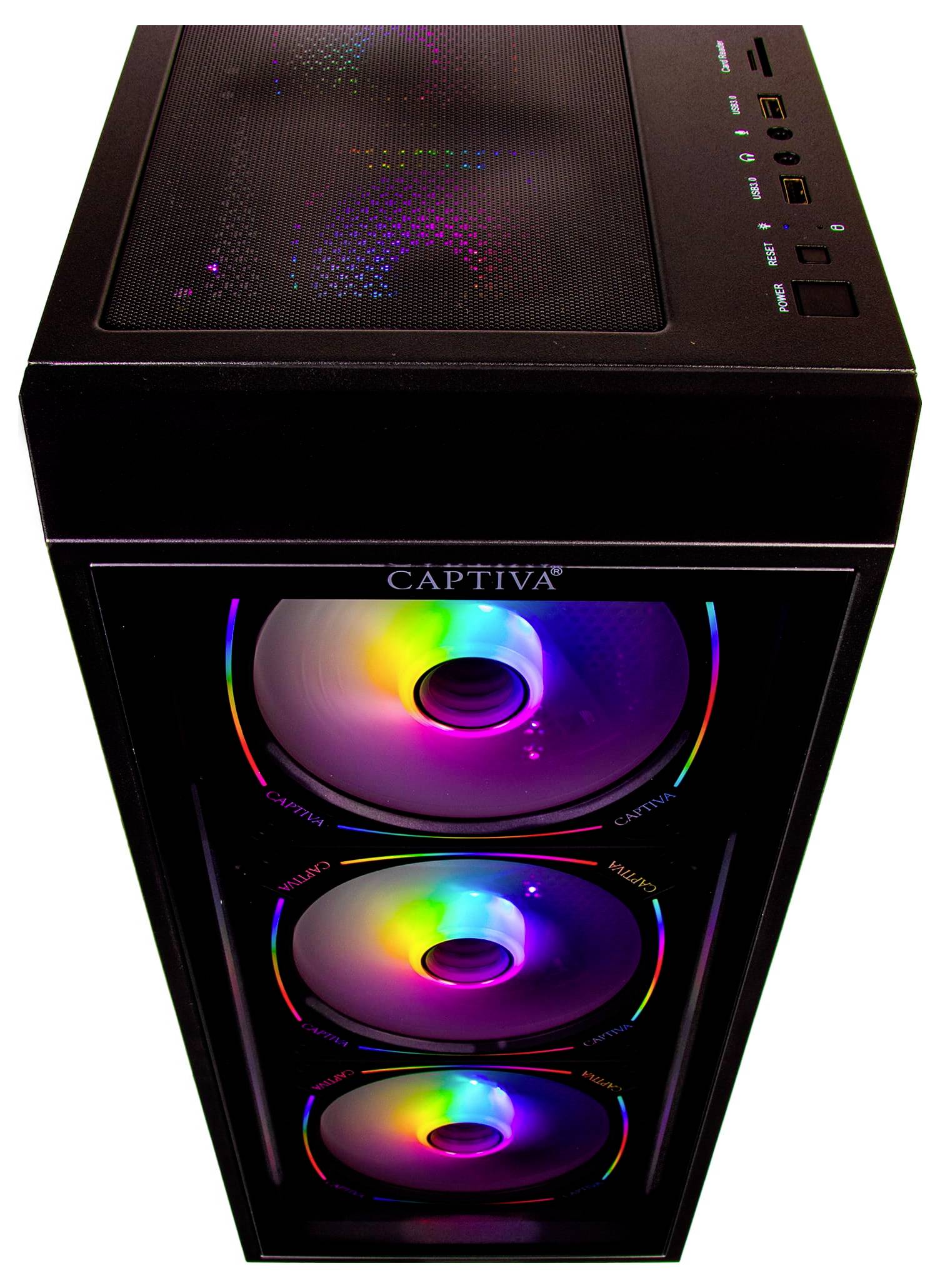 Schlanker schwarzer Laptop mit dem Titel Captiva, teilweise geöffnet, zeigt eine Seitenansicht der Anschlüsse und Tastatur.