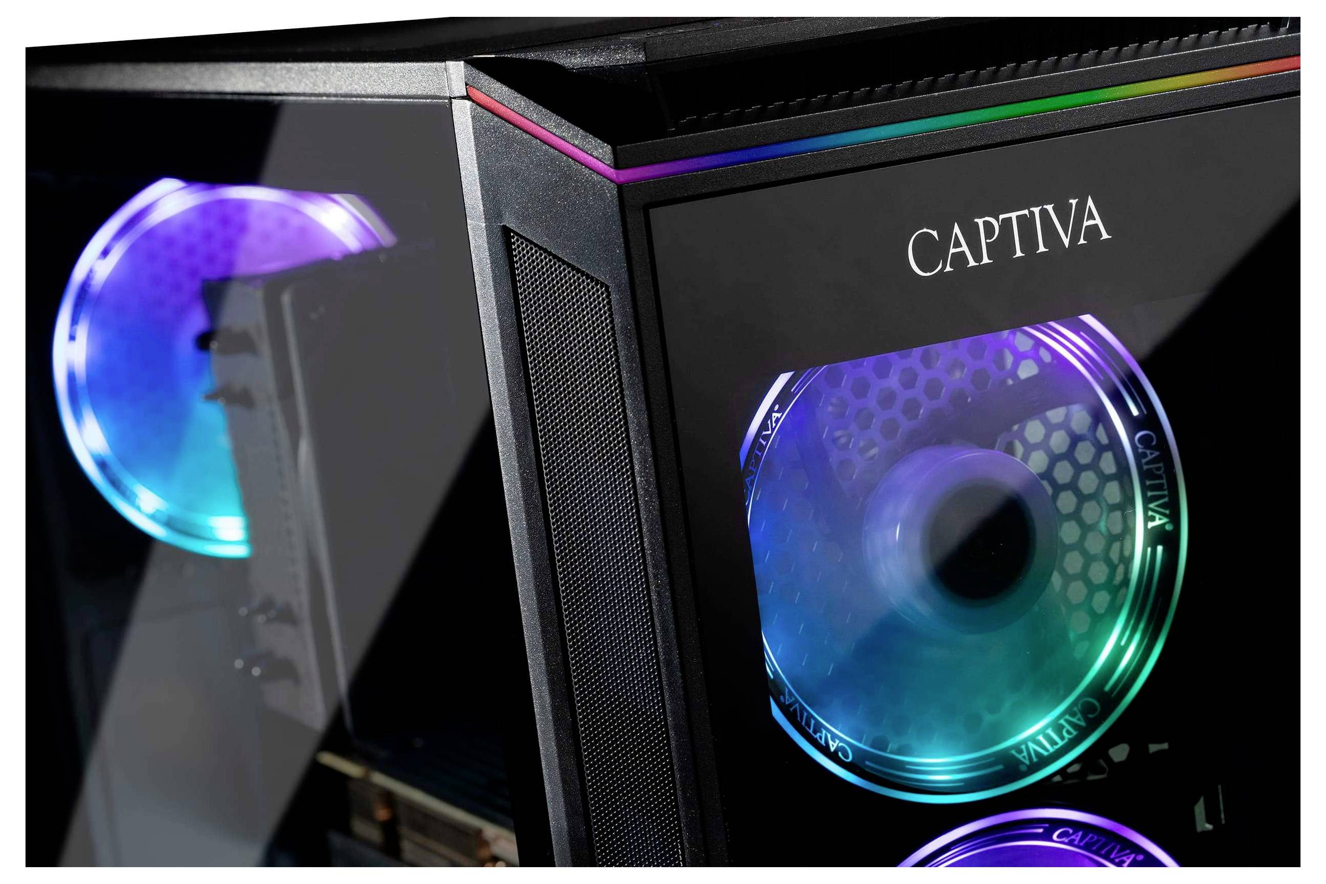 Ein Gaming-Computer-Gehäuse mit farbigen LED-Lüftern und „CAPTIVA