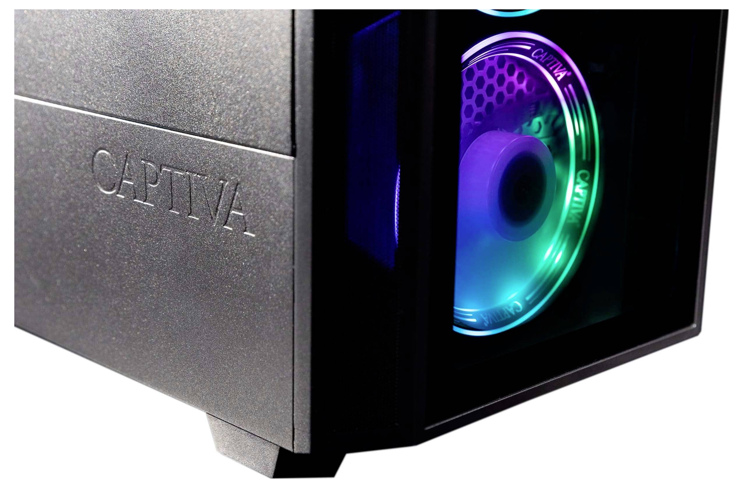 Ein schwarzer Desktop-Computer-Tower mit sichtbarer blauer und grüner LED-Beleuchtung im Inneren, mit der Markenbezeichnung „CAPTIVA