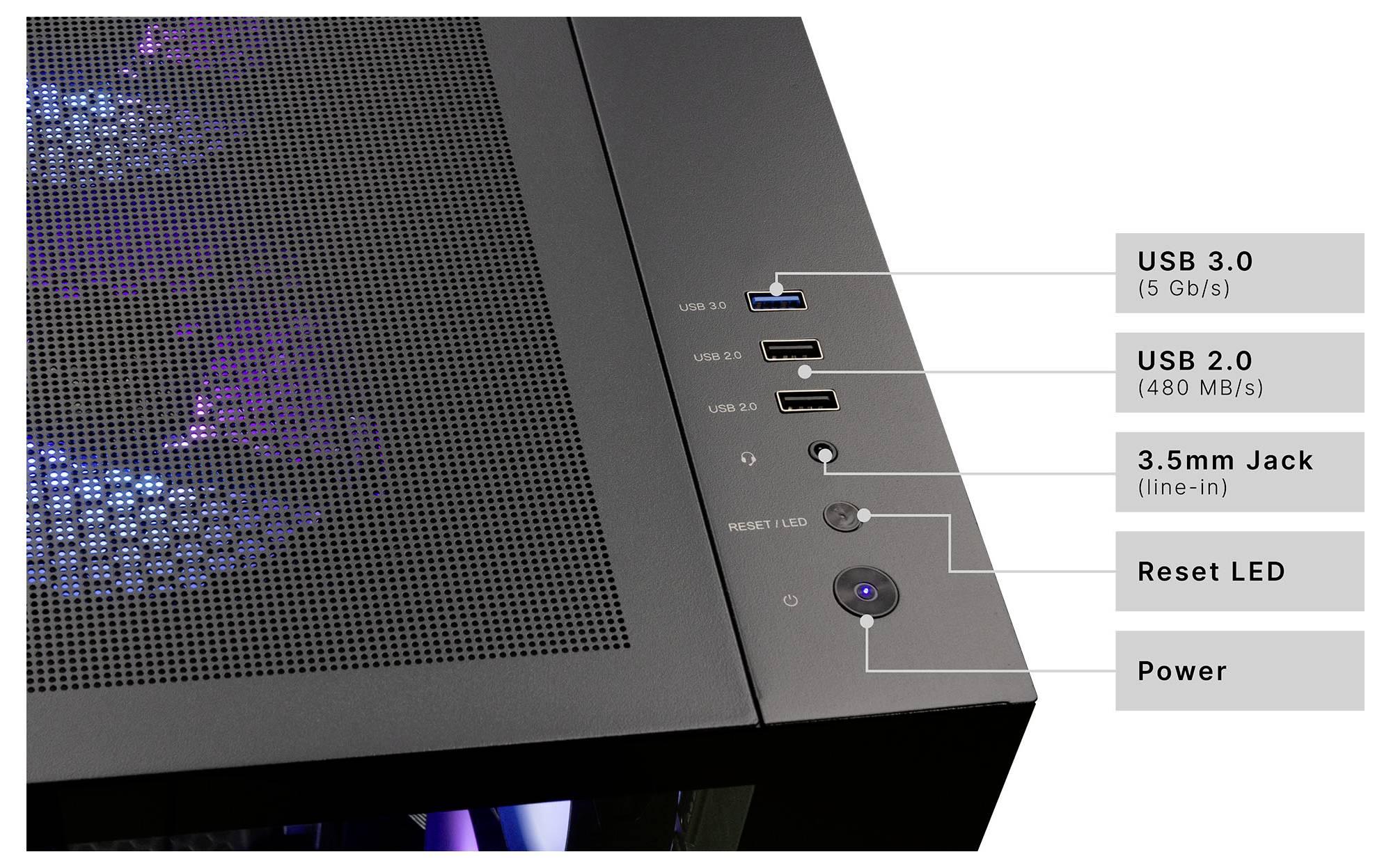 Frontblende eines Computergehäuses mit Anschlüssen und Tasten. Umfasst USB 3.0, USB 2.0, 3,5-mm-Buchse, Reset-LED und Ein-/Aus-Schalter.