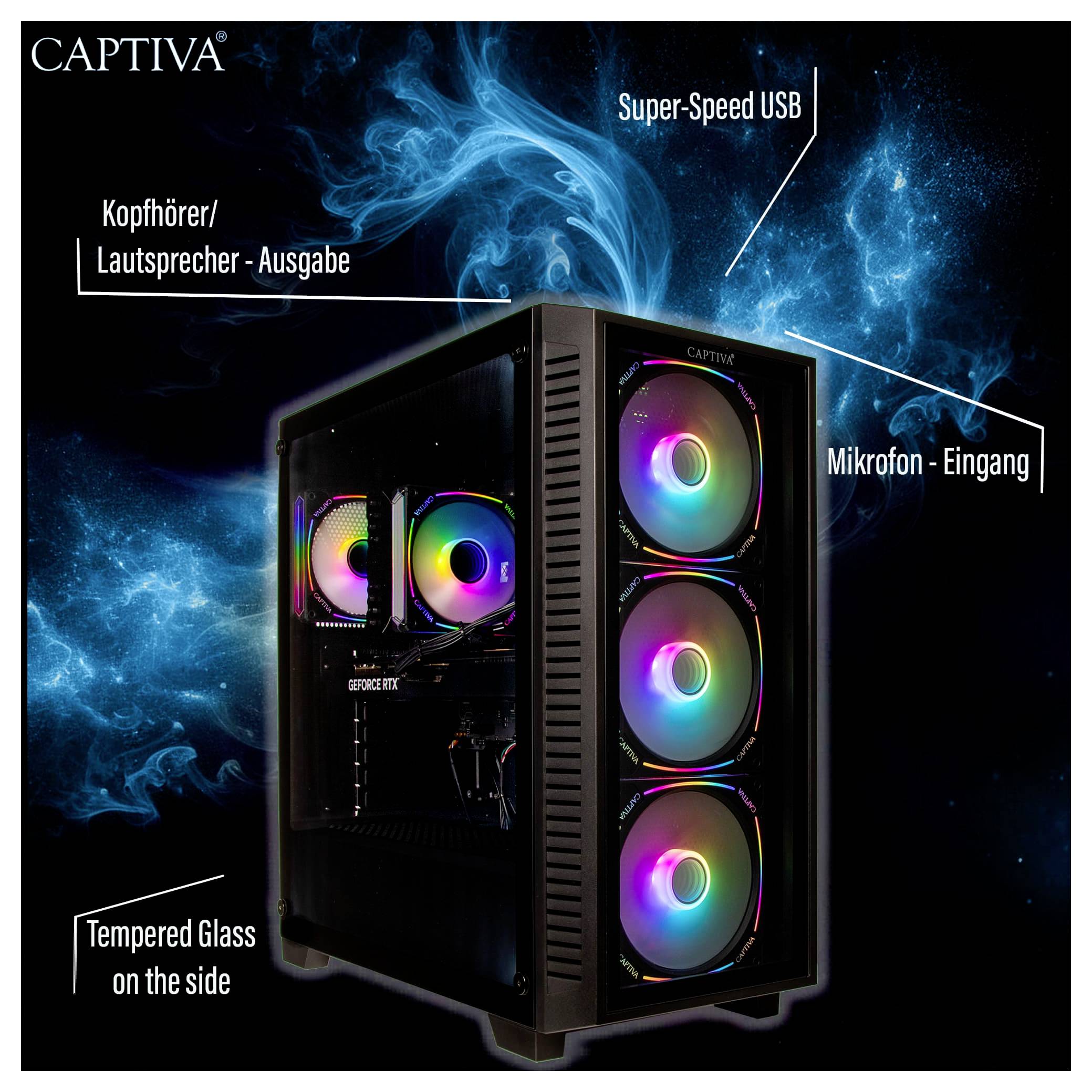 Hochleistungs-PC mit beleuchteten Lüftern, Seitenwand aus Glas. Beschriftungen: Super-Speed USB, Kopfhörer/Lautsprecher-Ausgabe, Mikrofon-Eingang.