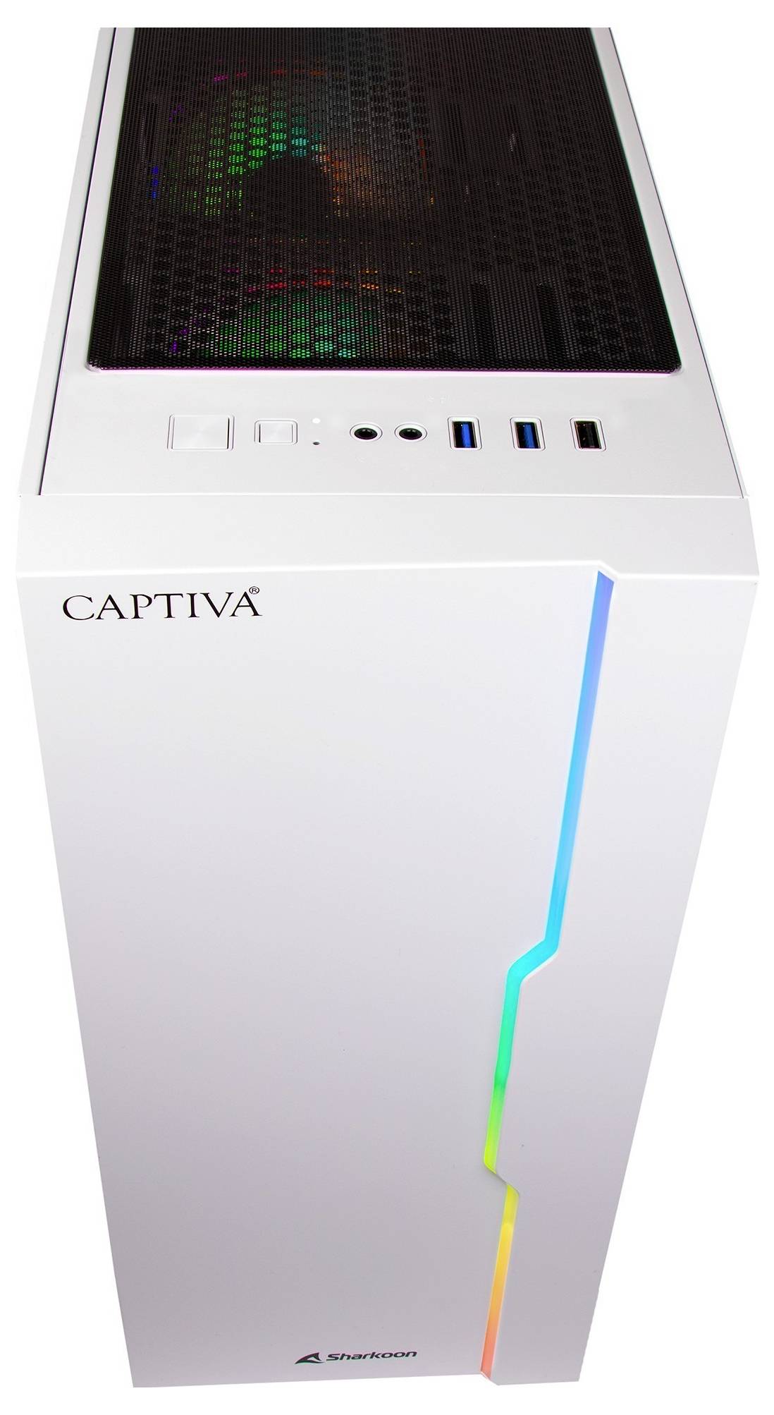 Weißer Desktop-Computer-Tower mit mehrfarbigem LED-Lichtstreifen auf der Vorderseite und Belüftung oben, Markenname Captiva auf der Seite sichtbar.