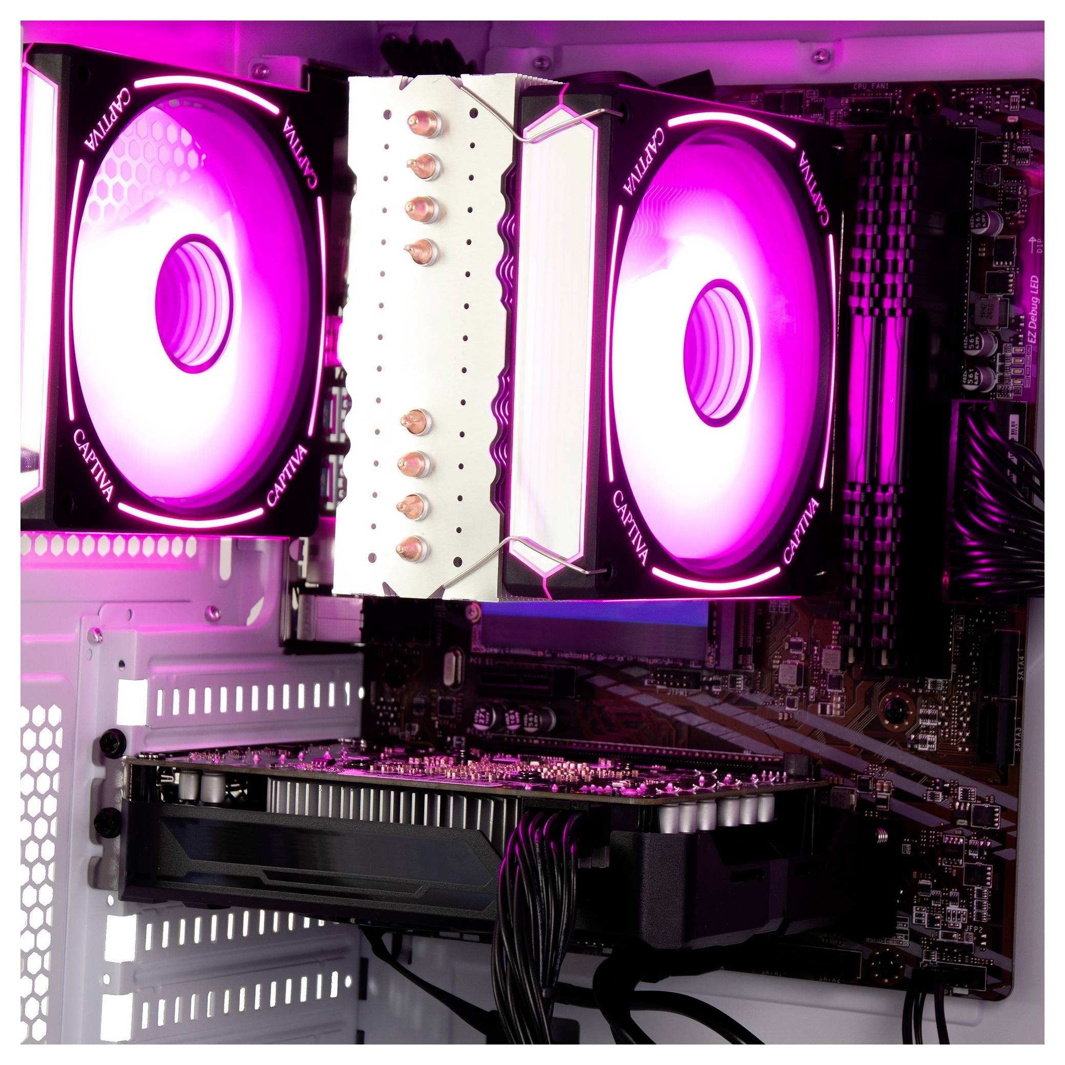 # Inneres eines Computers mit rosa beleuchteten Kühlventilatoren, einer Grafikkarte und sichtbarem Kabelwerk, das fortschrittliche Kühl- und Hardwarekomponenten hervorhebt.