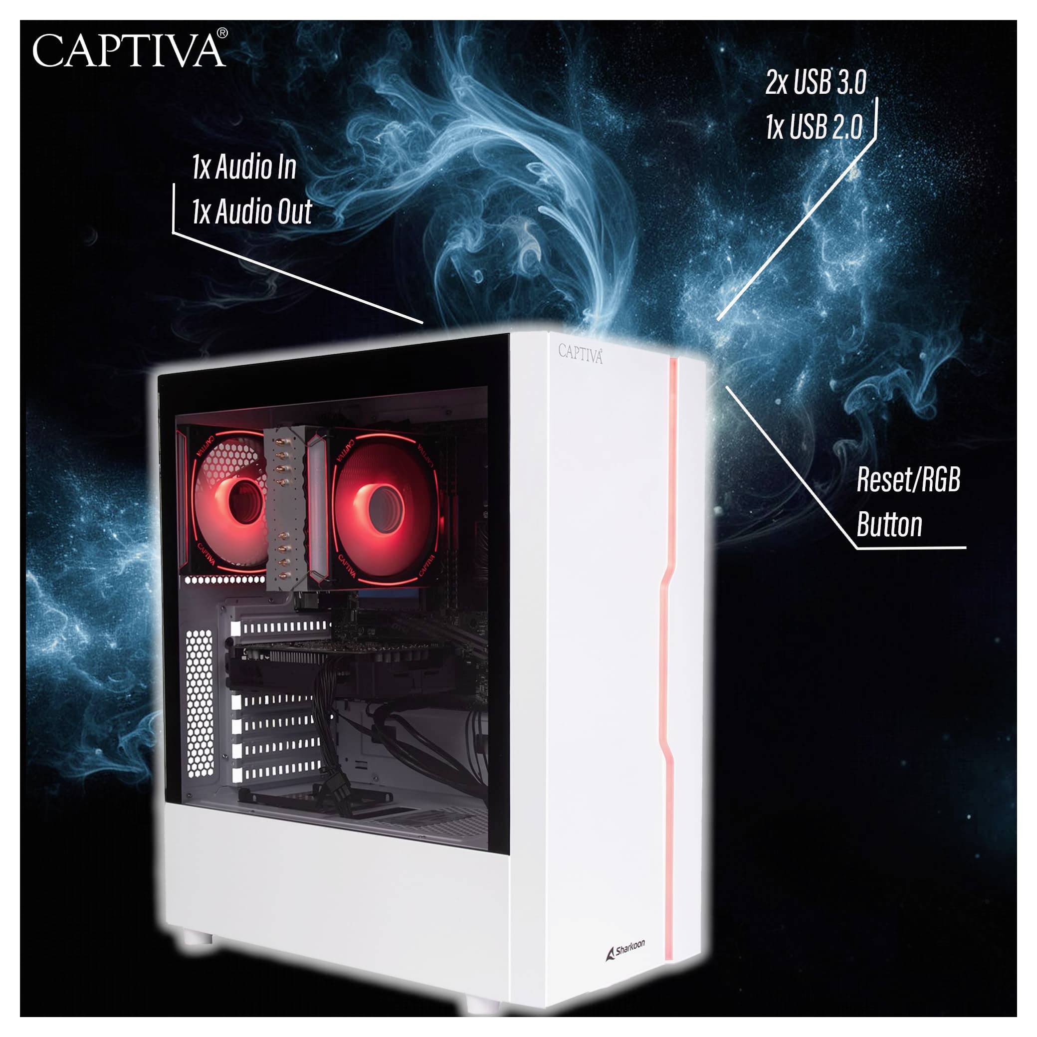 Ein weißer Computer-Turm mit rot beleuchteten Lüftern, beschriftete Anschlüsse umfassen '1x Audio In', '1x Audio Out', '2x USB 3.0', '2x USB 2.0' und RGB-/Reset-Taste.