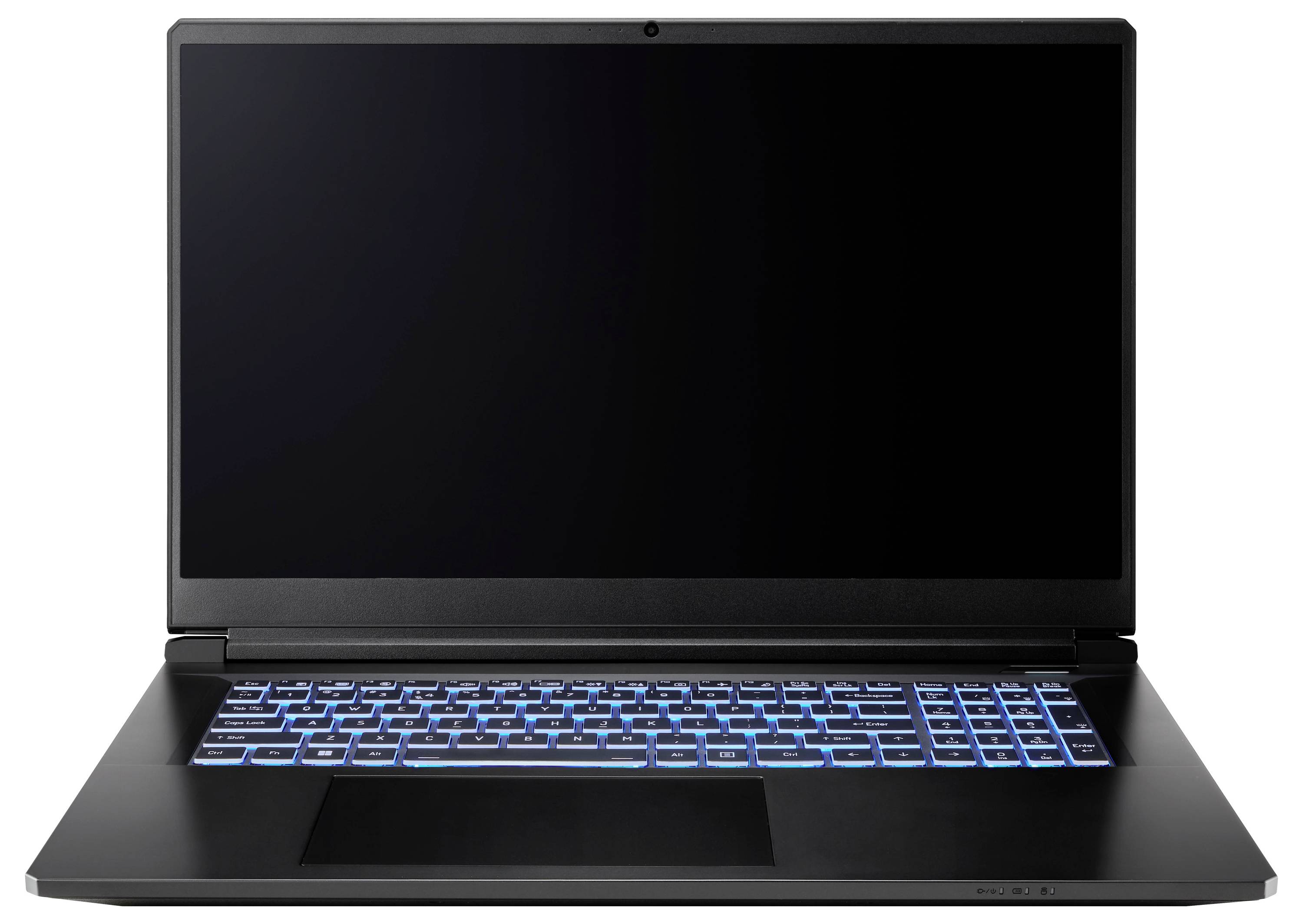 Ein schwarzer Laptop mit einer blau beleuchteten Tastatur sitzt offen da und zeigt einen leeren Bildschirm, was Einsatzbereitschaft andeutet.