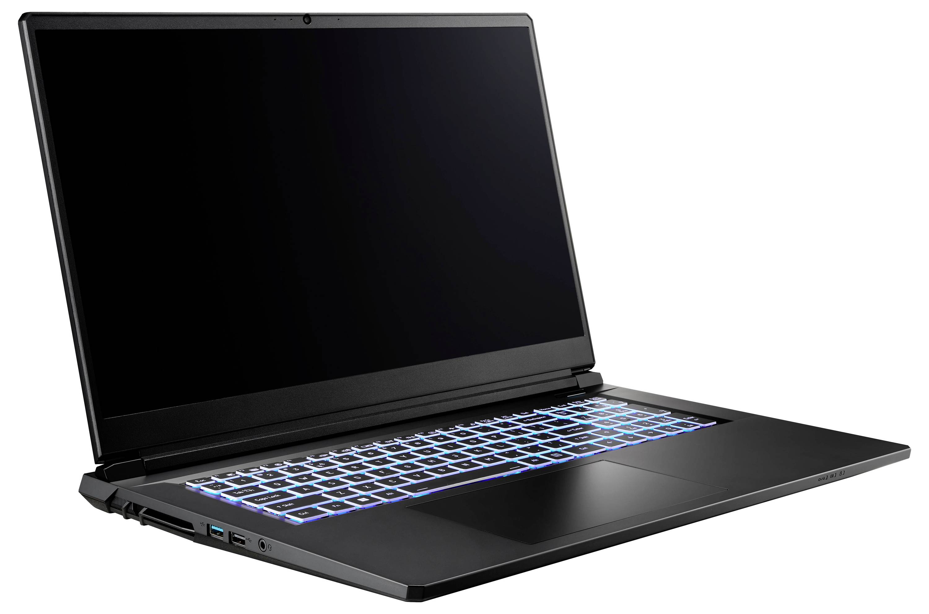 Ein eleganter, offener Laptop mit leuchtender Hintergrundbeleuchtung der Tastatur, aus einem Winkel betrachtet. Der Bildschirm ist dunkel, und das Design wirkt modern und minimalistisch.